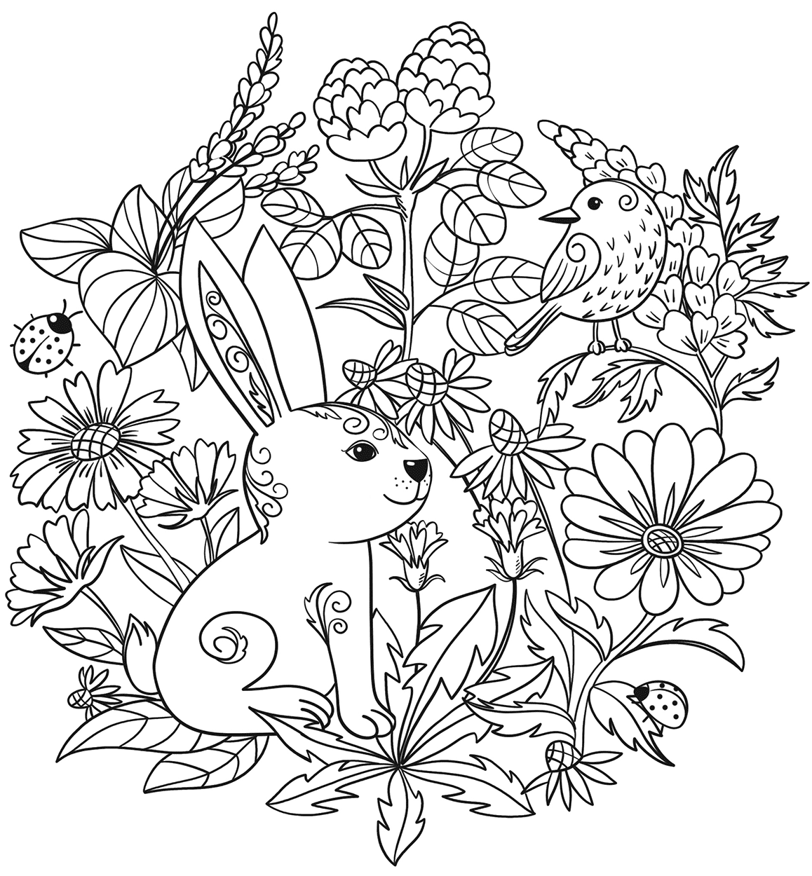 Coloriage Lapin Et Oiseaux Vegetation Par Lesya Adamchuk - Lapin à imprimer