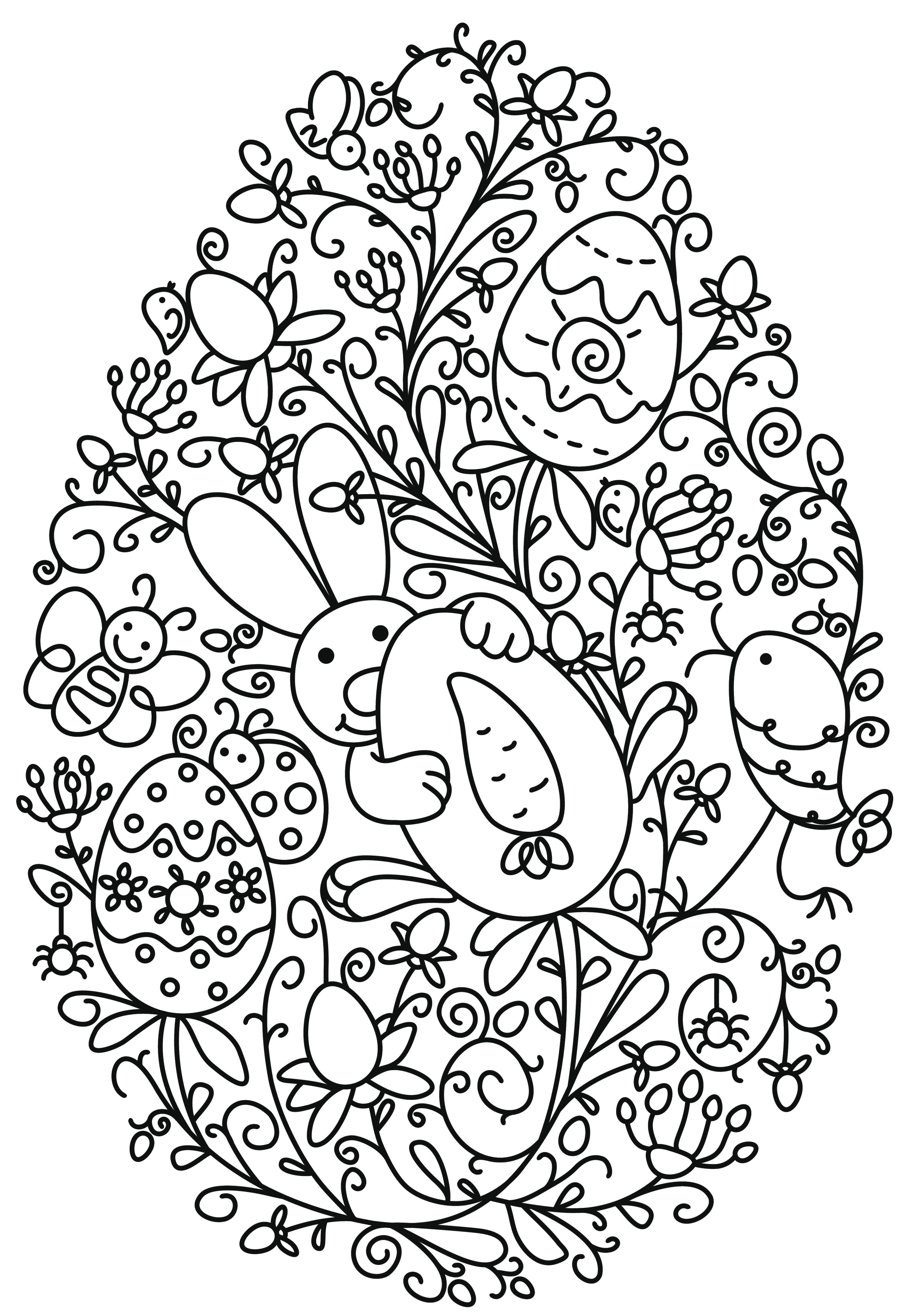 Coloriage Lapin Œufs De Pâques Et Fleurs - Pâques à imprimer