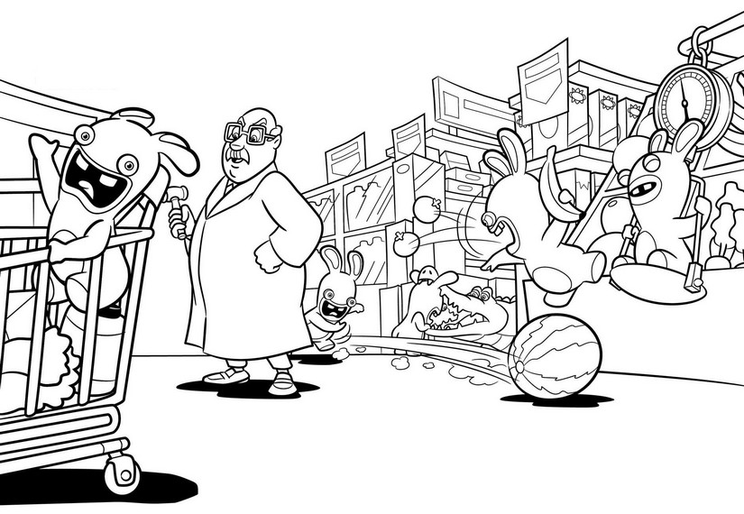 Coloriage Lapins cretins au supermarche - Lapins crétins à imprimer