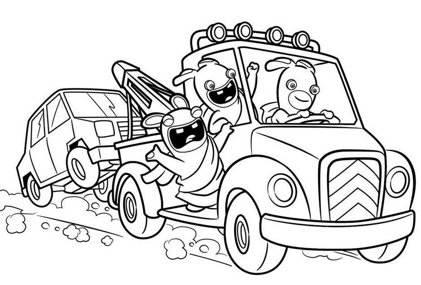 Coloriage Lapins cretins conduisent une depanneuse remorquage voiture - Lapins crétins à imprimer