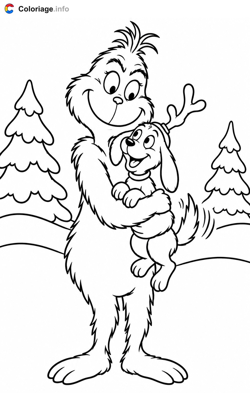 Grinch Rajz Grinch z uśmiechem i pies Max - kolorowanka do druku — kolorowanka do druku