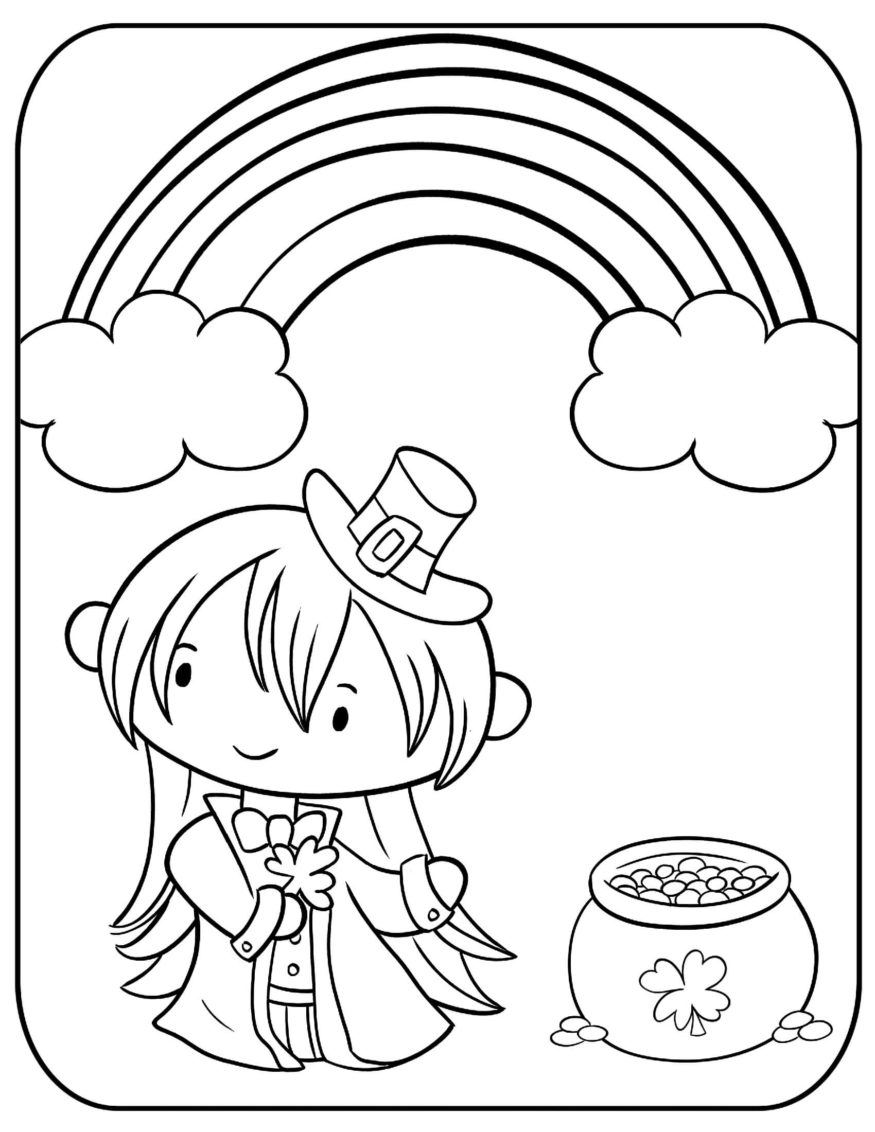 Coloriage Le Jour De La Saint Patrick En Irlande Fille Et Arc En Ciel - Saint Patrick à imprimer