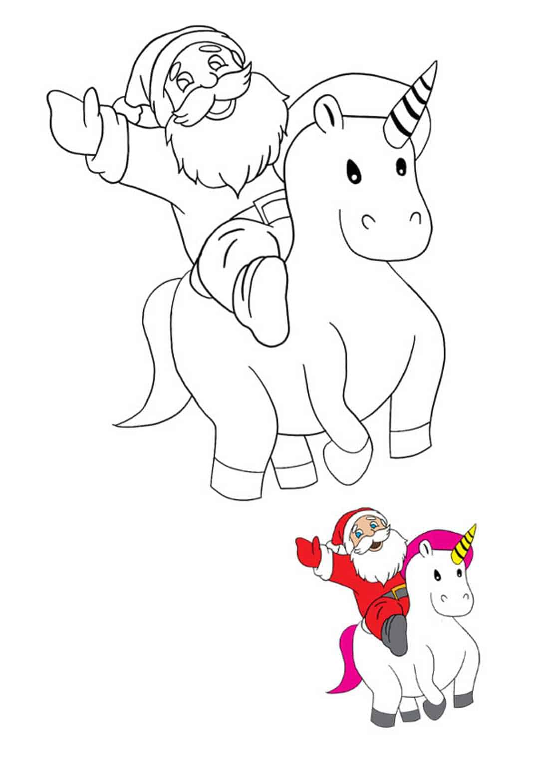 Coloriage Le Père Noël Sur Une Licorne Pour Distribuer Des Cadeaux - Licorne à imprimer