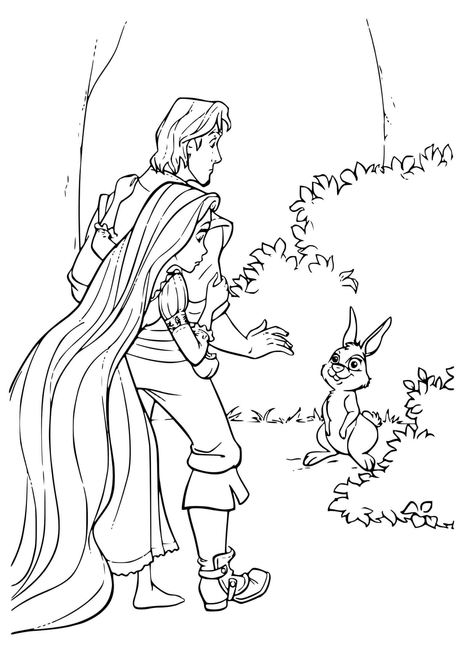 Coloriage Le Prince Et La Princesse Trouvent Un Lapin - Raiponce à imprimer