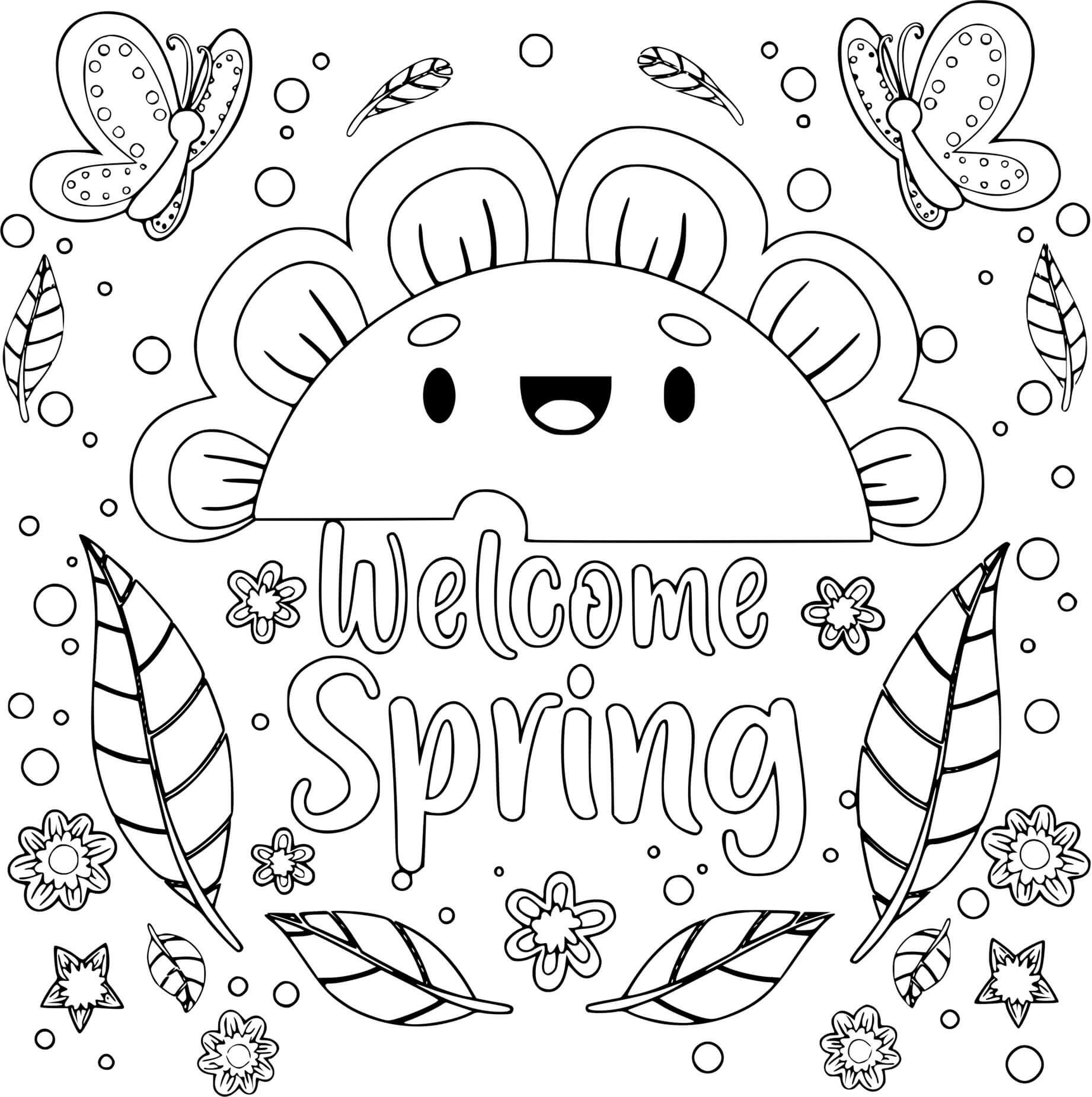 Coloriage Le Printemps Avec Soleil Et Fleurs Avec Papillons - Printemps à imprimer