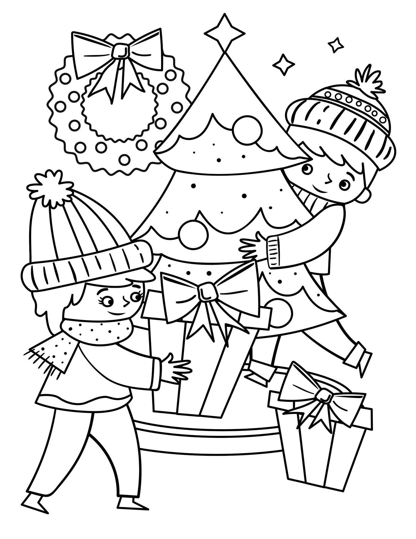 Coloriage Les Enfants Autour Du Sapin De Noël Avec Des Cadeaux - Noël à imprimer