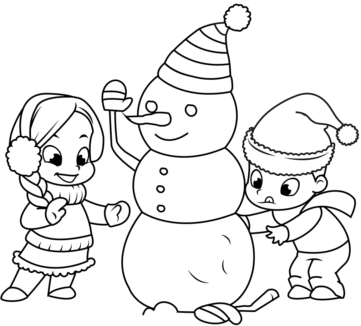 Coloriage Les Enfants Construisent Un Bonhomme De Neige - Noël à imprimer