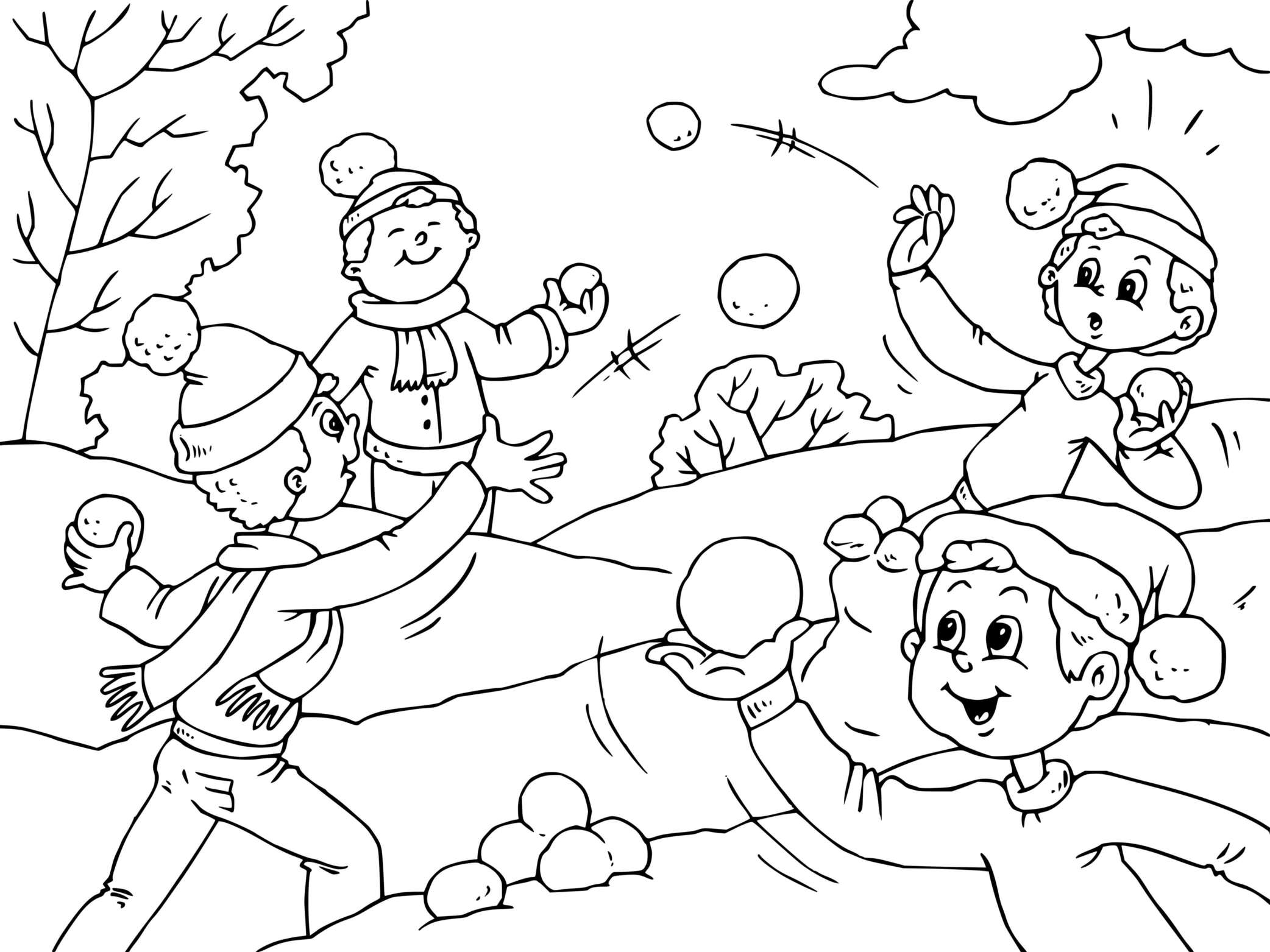 Coloriage Les Enfants Jouent A La Bataille De Neige En Hiver - Hiver à imprimer