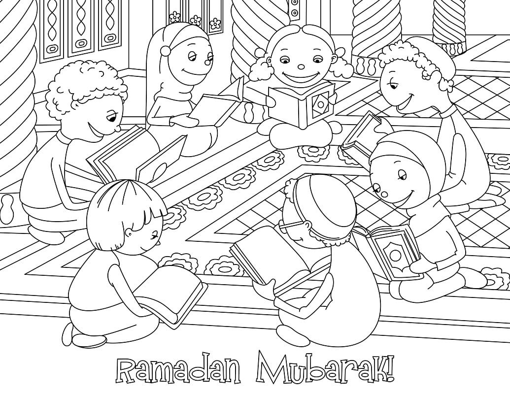 Coloriage Les Enfants Lisent Le Coran Ramadan - Ramadan à imprimer