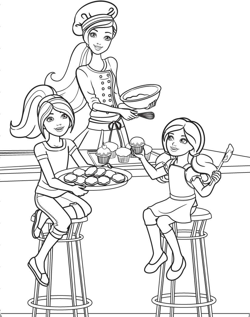 Coloriage Les Filles Preparent Des Cupcakes Pour Un Anniversaire - Barbie à imprimer