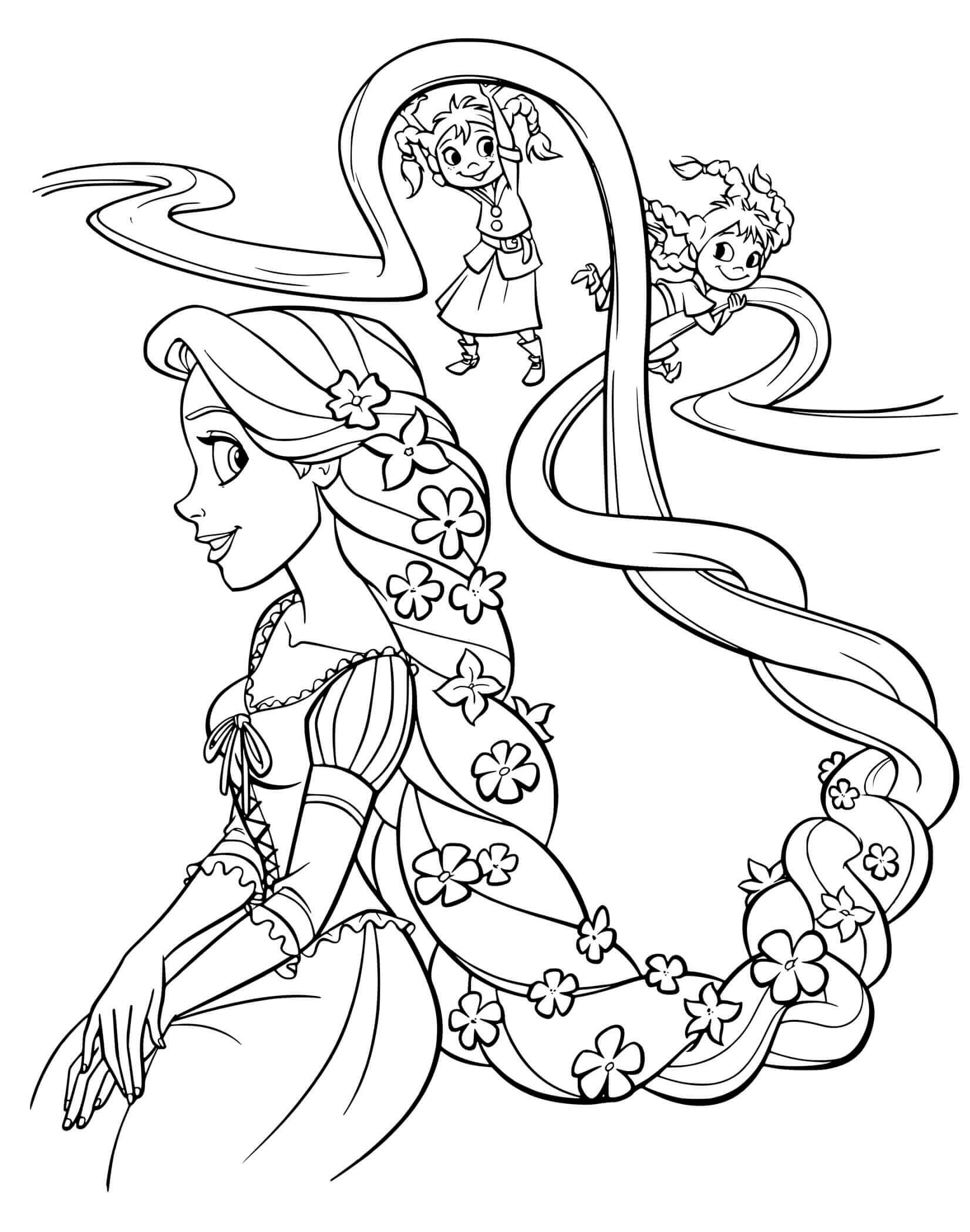 Coloriage Les Petites Filles Jouent Avec Les Longs Cheveux De Princesse Raiponce Disney - Raiponce à imprimer
