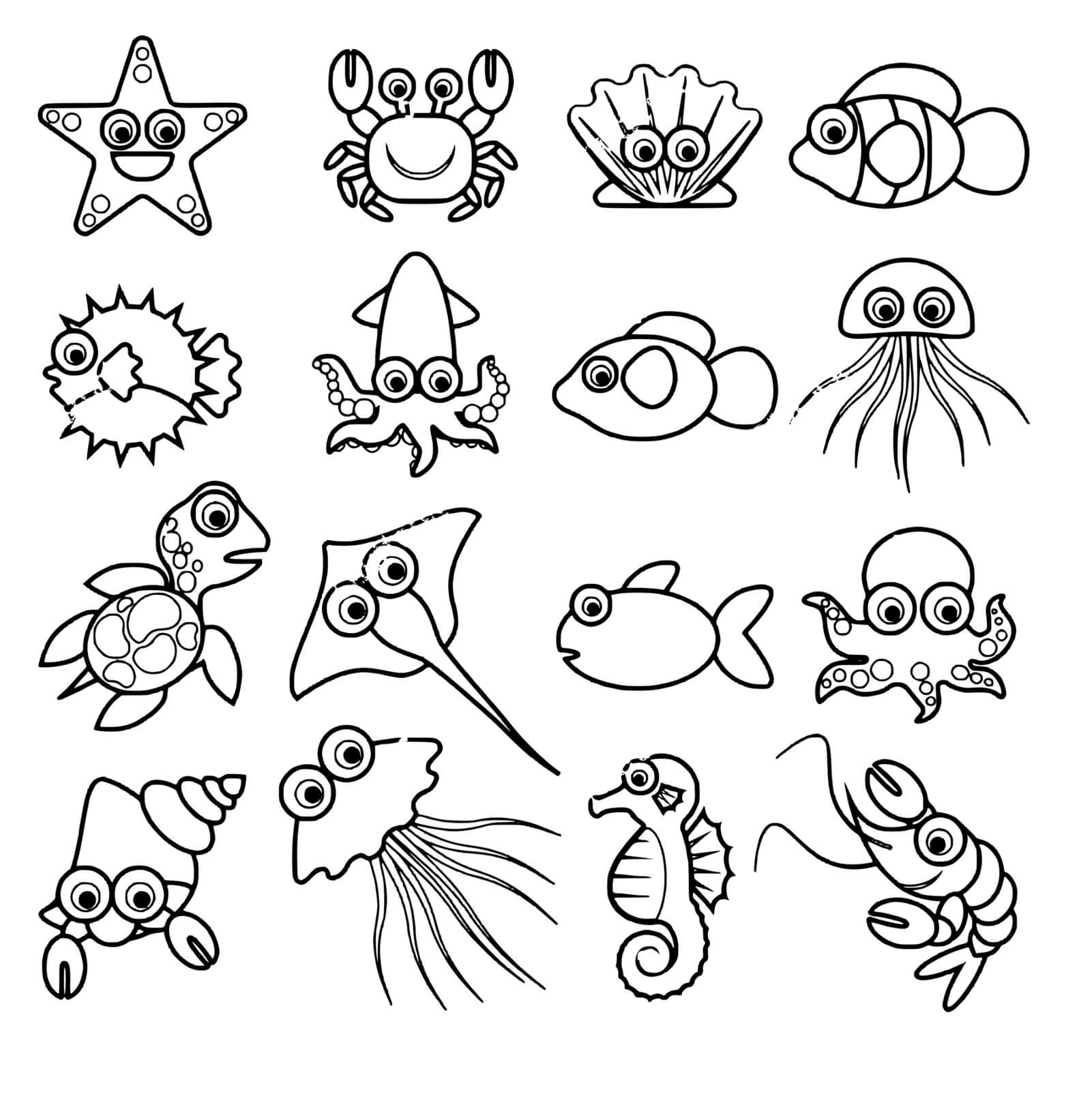 Coloriage Les Petits Animaux Marins Pour Enfants Kawaii - Animaux de la mer à imprimer