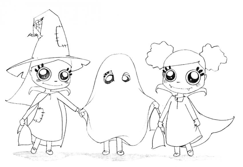 Coloriage Les Sorcières Et Le Fantôme Halloween - Halloween fantome à imprimer