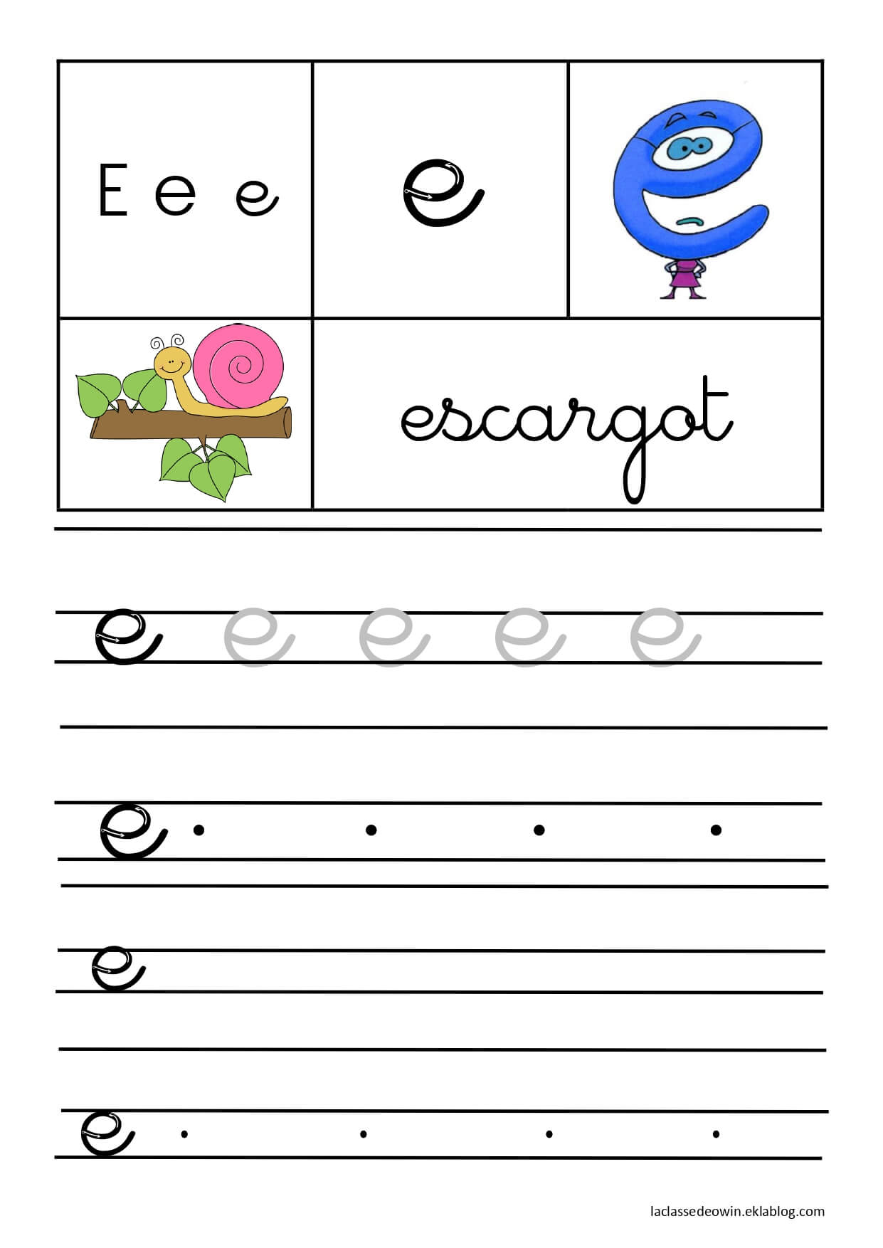 Coloriage Lettre E Pour Escargot Écriture Cursive Gs - Écriture cursive à imprimer