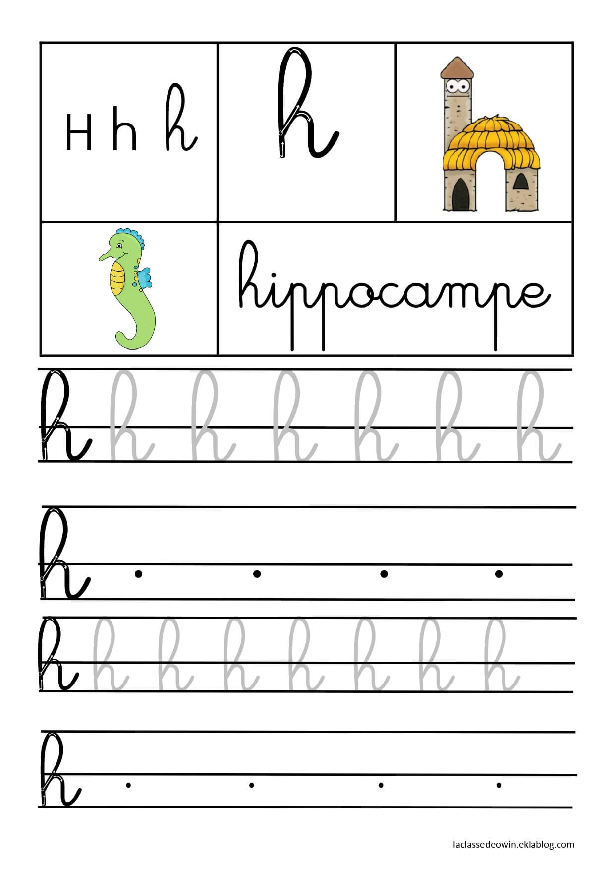 Coloriage Lettre H Pour Hippocampe Écriture Cursive Gs - Écriture cursive à imprimer