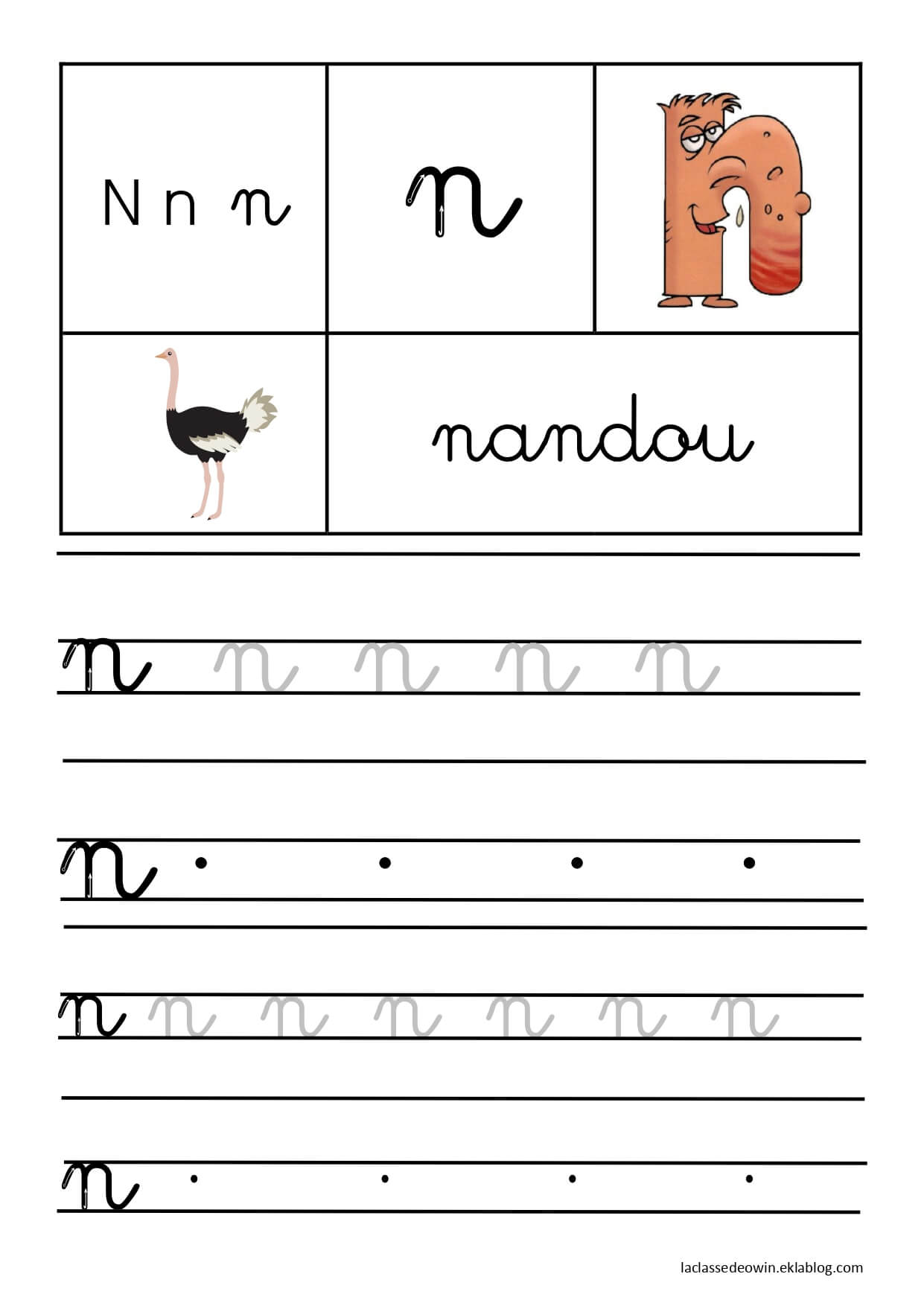 Coloriage Lettre N Pour Nandou Écriture Cursive Gs - Écriture cursive à imprimer