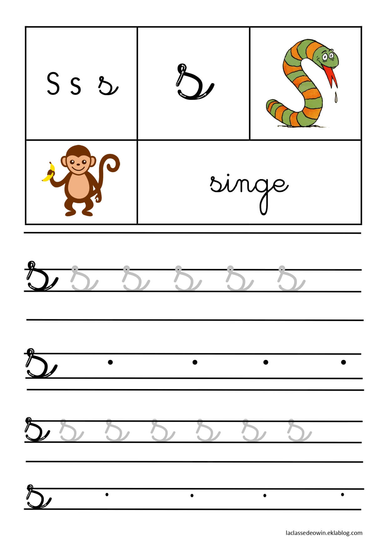 Coloriage Lettre S Pour Singe Écriture Cursive Gs - Écriture cursive à imprimer
