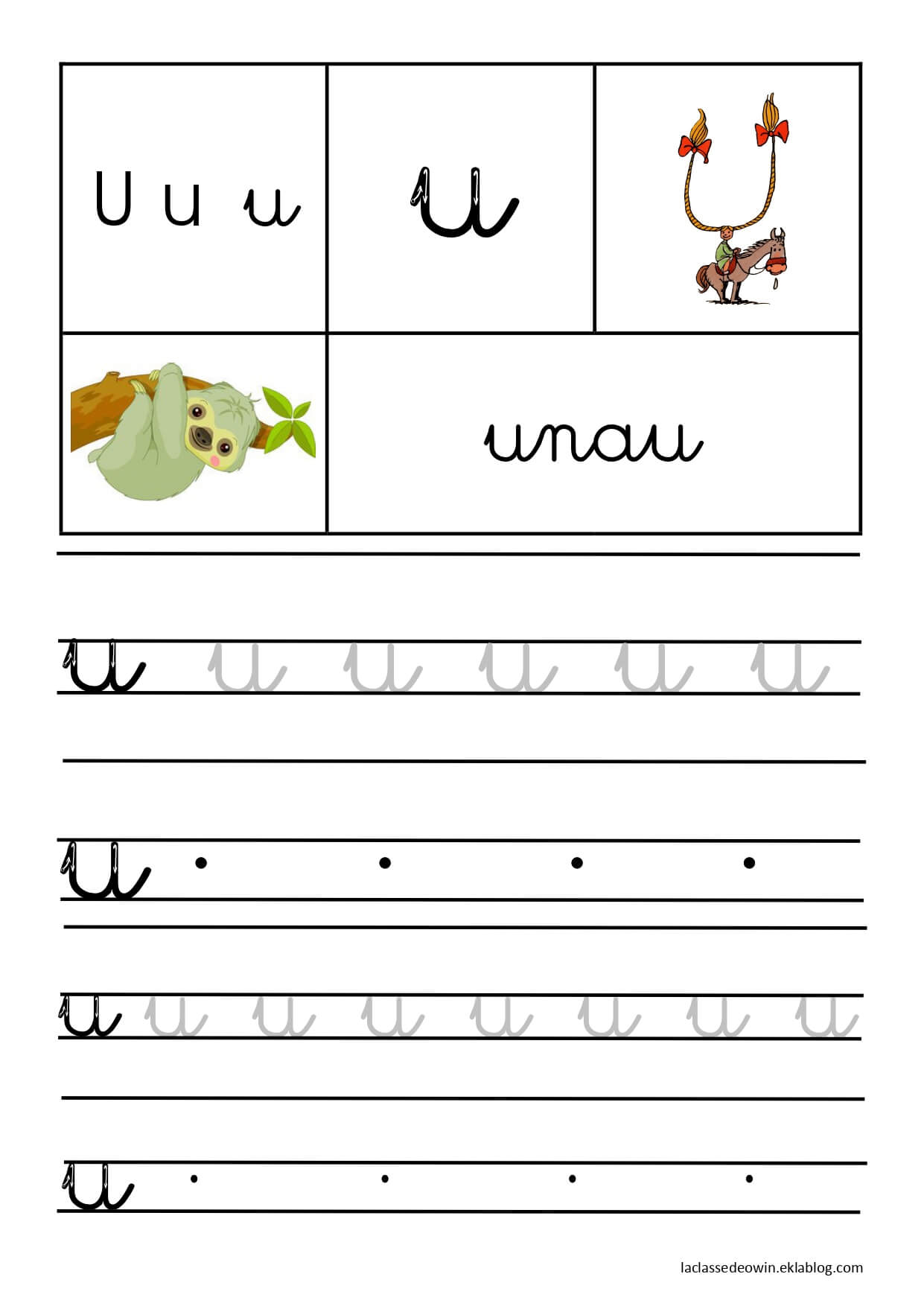 Coloriage Lettre U Pour Unau Écriture Cursive Gs - Écriture cursive à imprimer