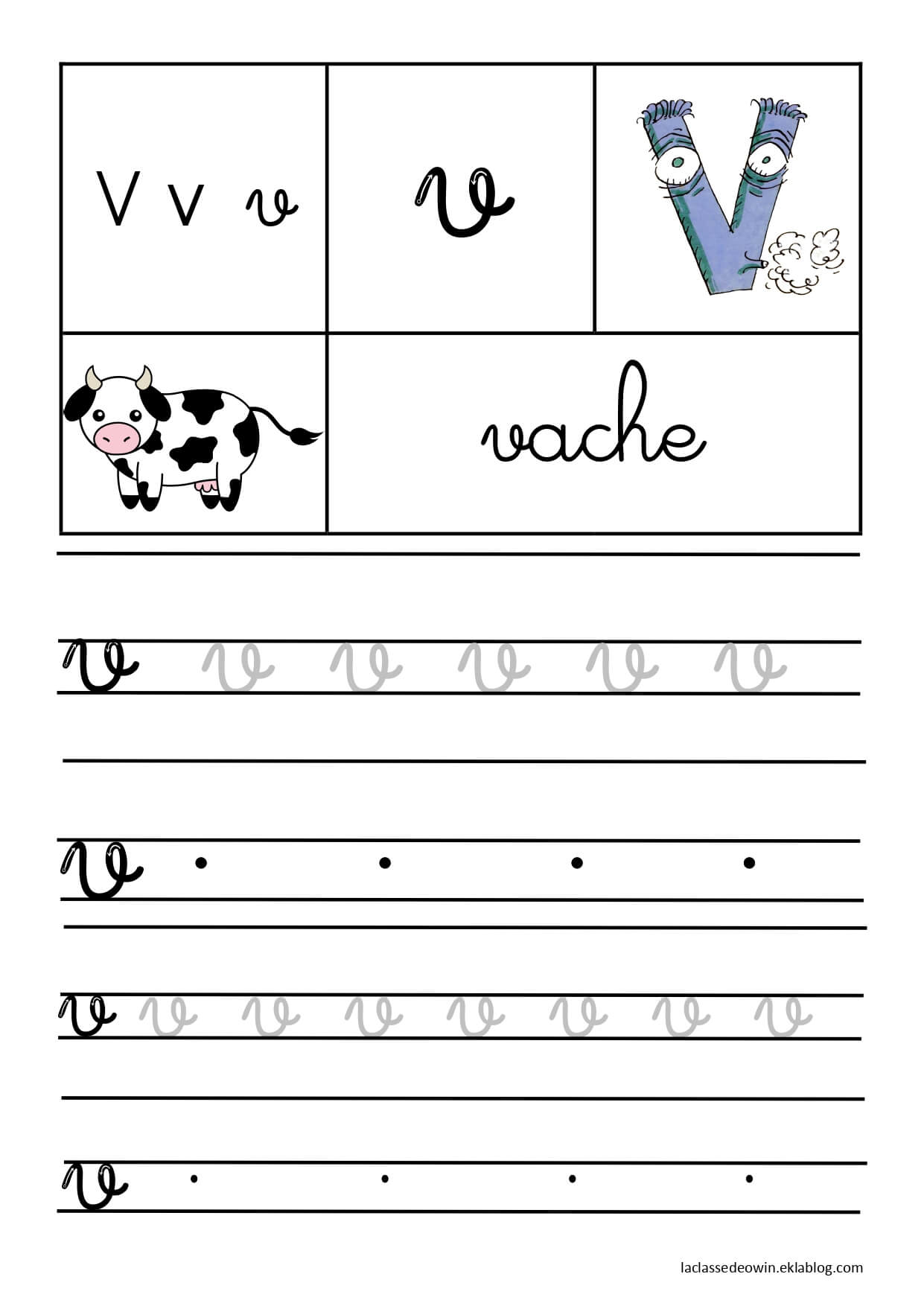 Coloriage Lettre V Pour Vache Écriture Cursive Gs - Écriture cursive à imprimer