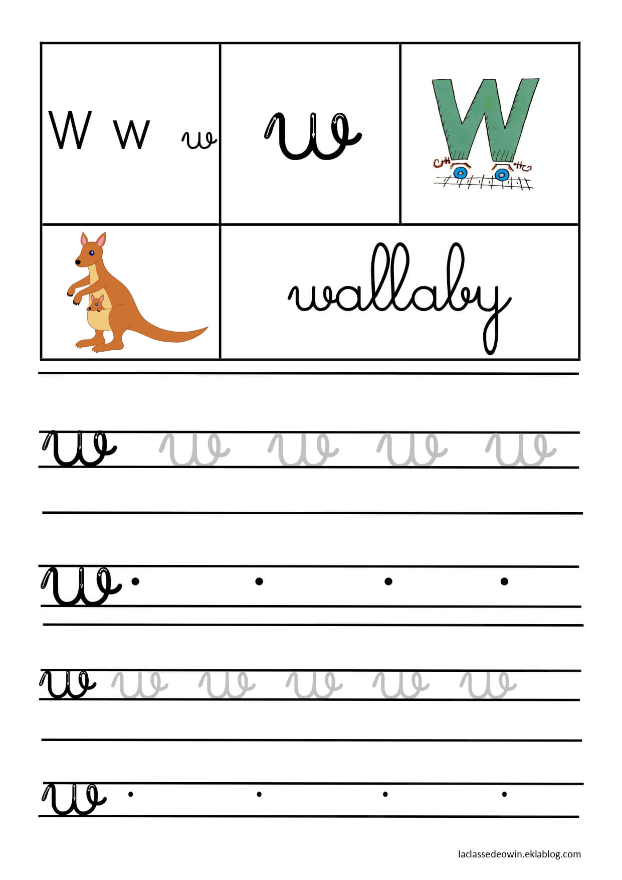 Coloriage Lettre W Pour Wallaby Écriture Cursive Gs - Écriture cursive à imprimer