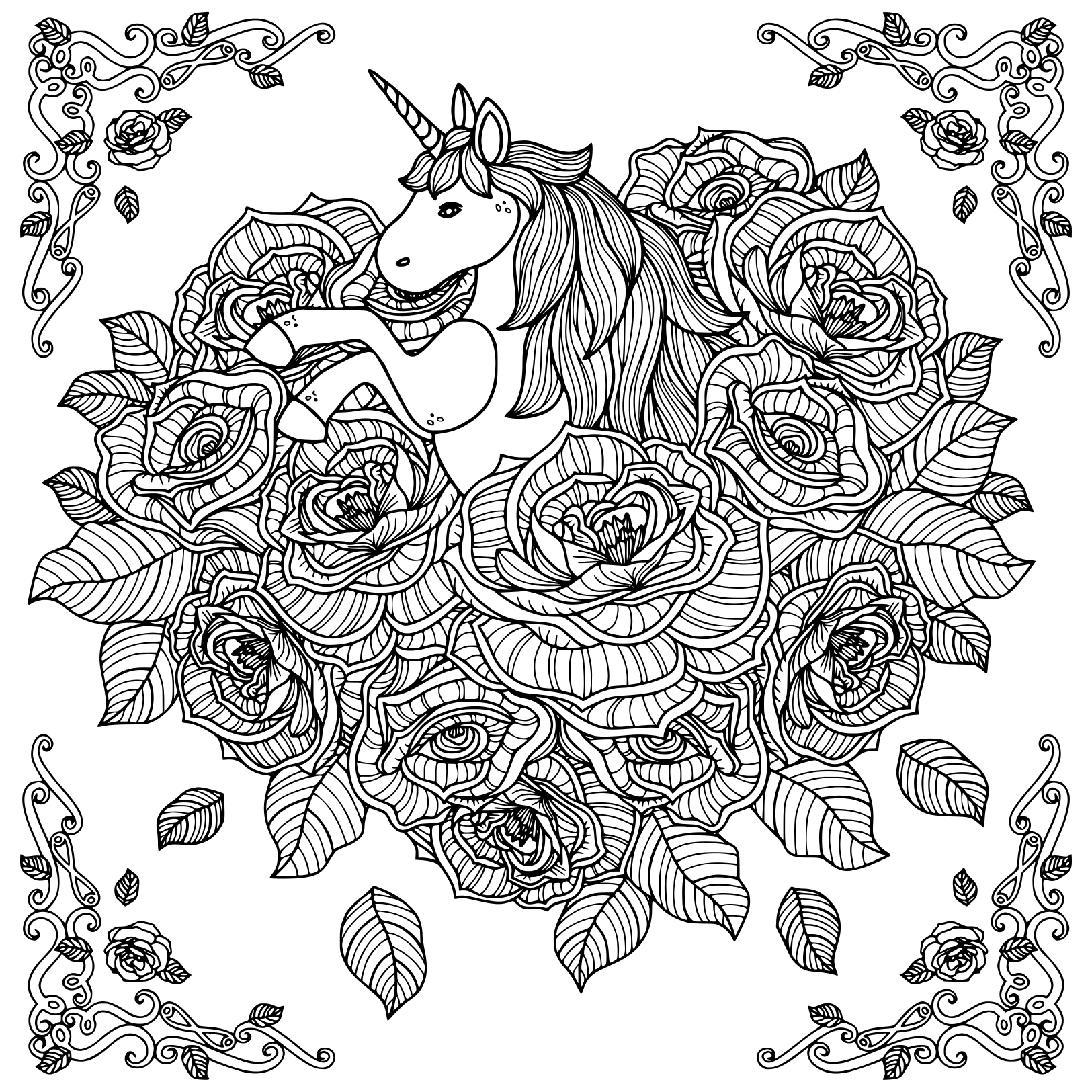 Coloriage Licorne Adorable Fleurs Adulte Anti Stress - Licorne à imprimer