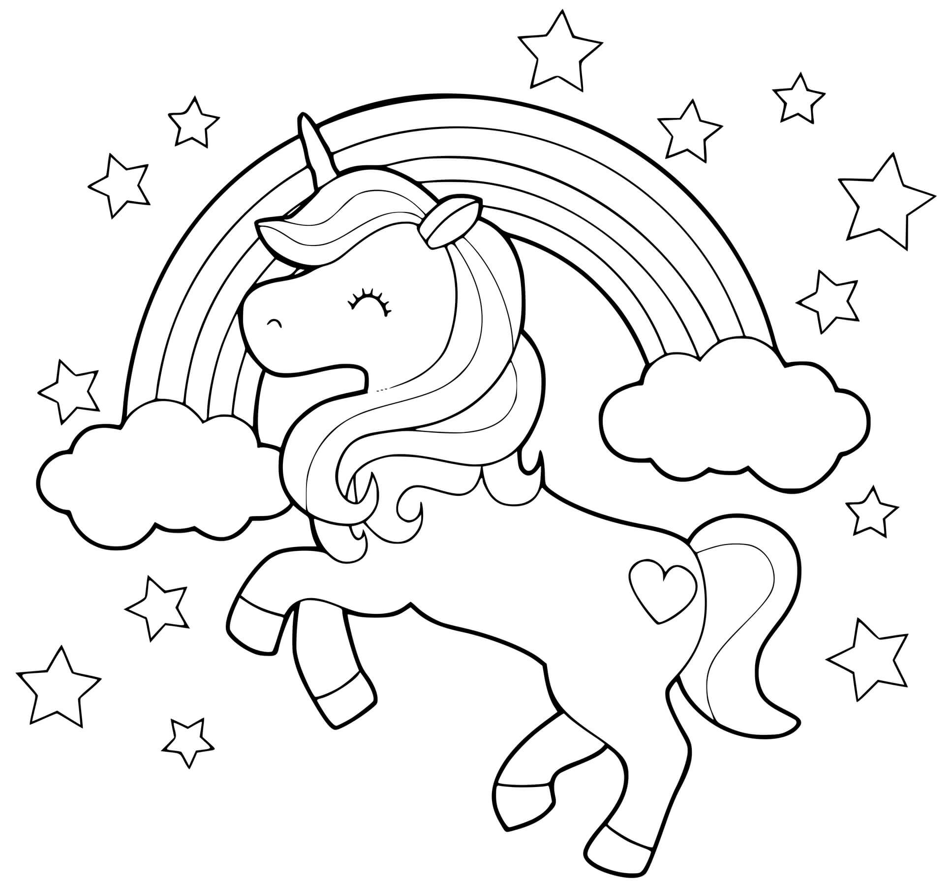Coloriage Licorne Arc En Ciel Et Étoiles En Mode Galop - Licorne kawaii à imprimer