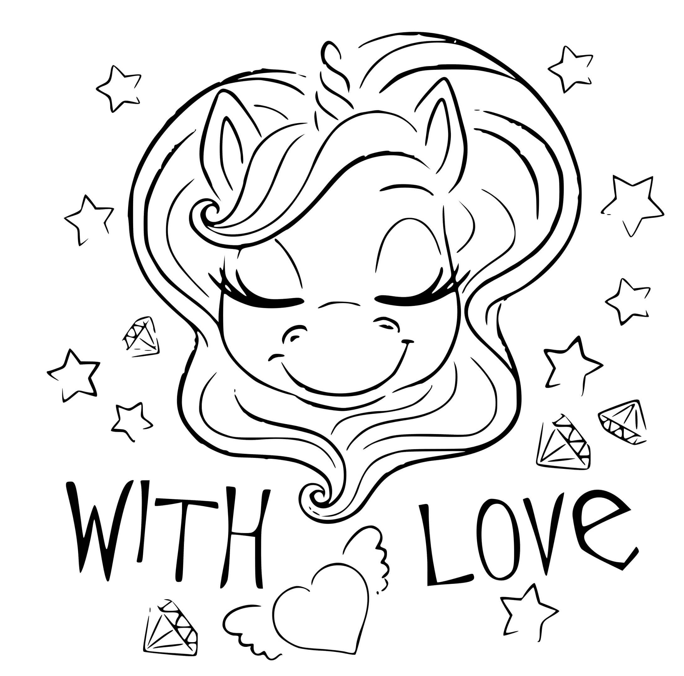 Coloriage Licorne Avec Amour Étoiles Et Diamants - Licorne à imprimer