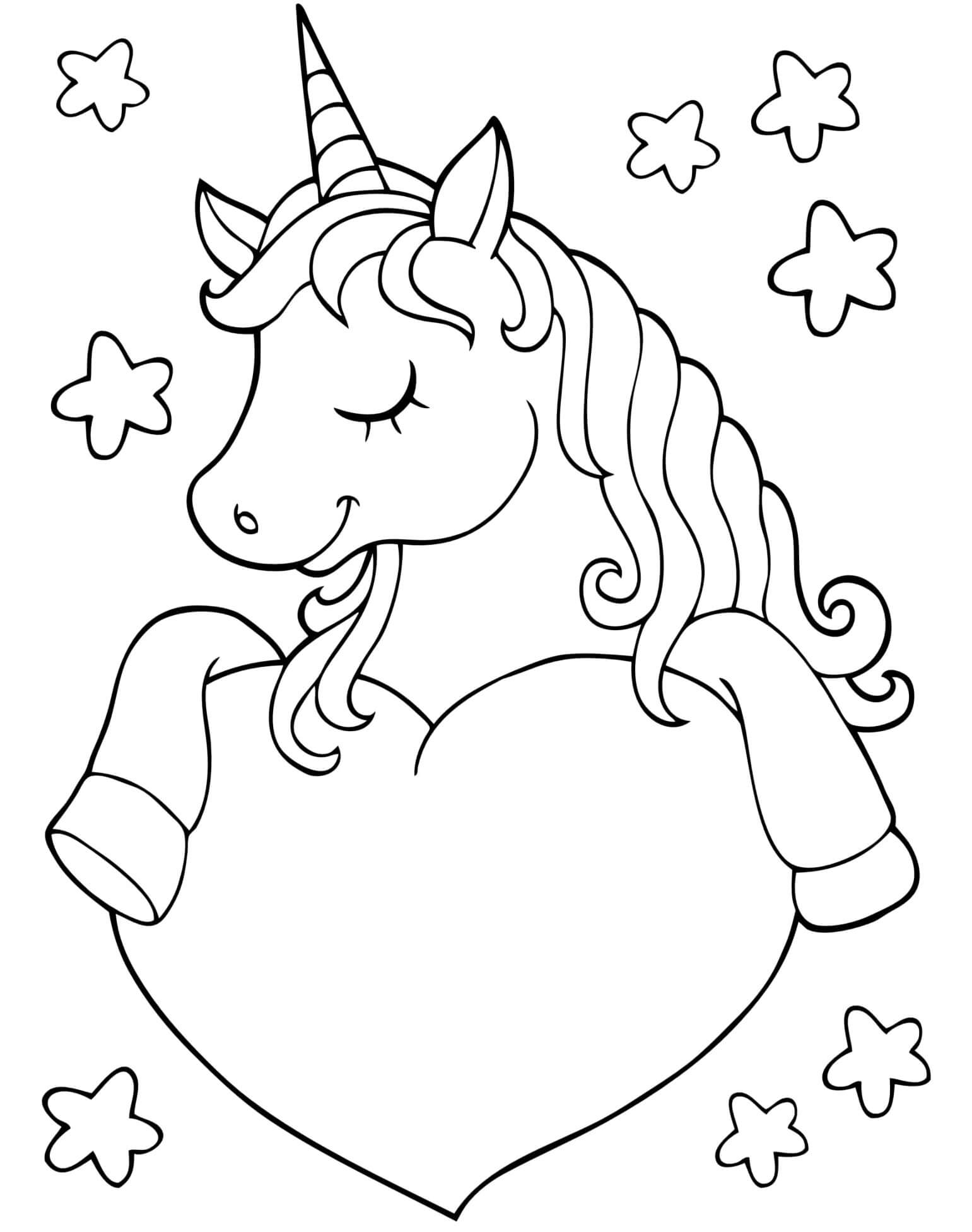 Coloriage Licorne Avec Un Cœur Et Étoiles - Saint-Valentin à imprimer