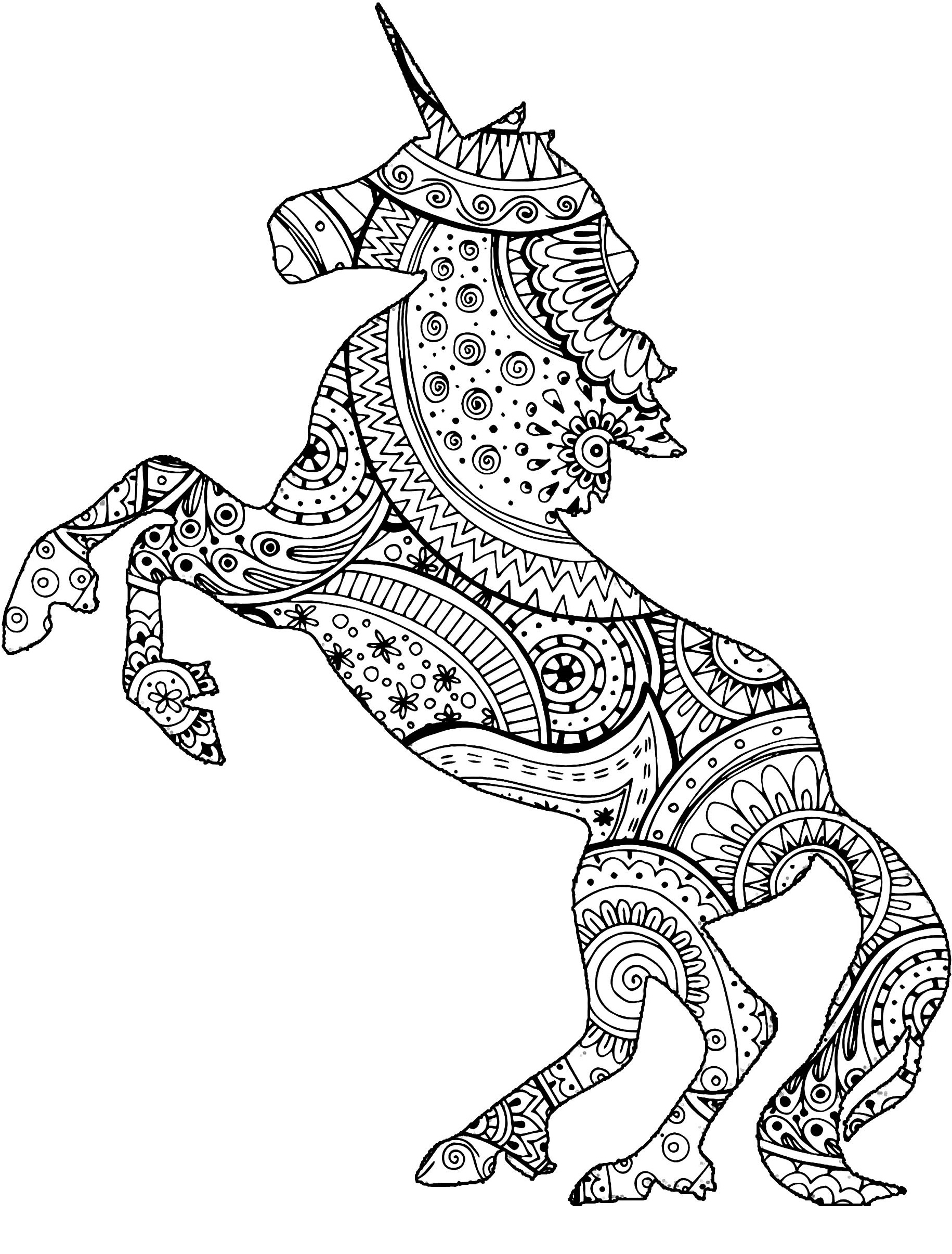 Coloriage Licorne Avec Zentangle Paisley Motifs - Mandala licorne à imprimer