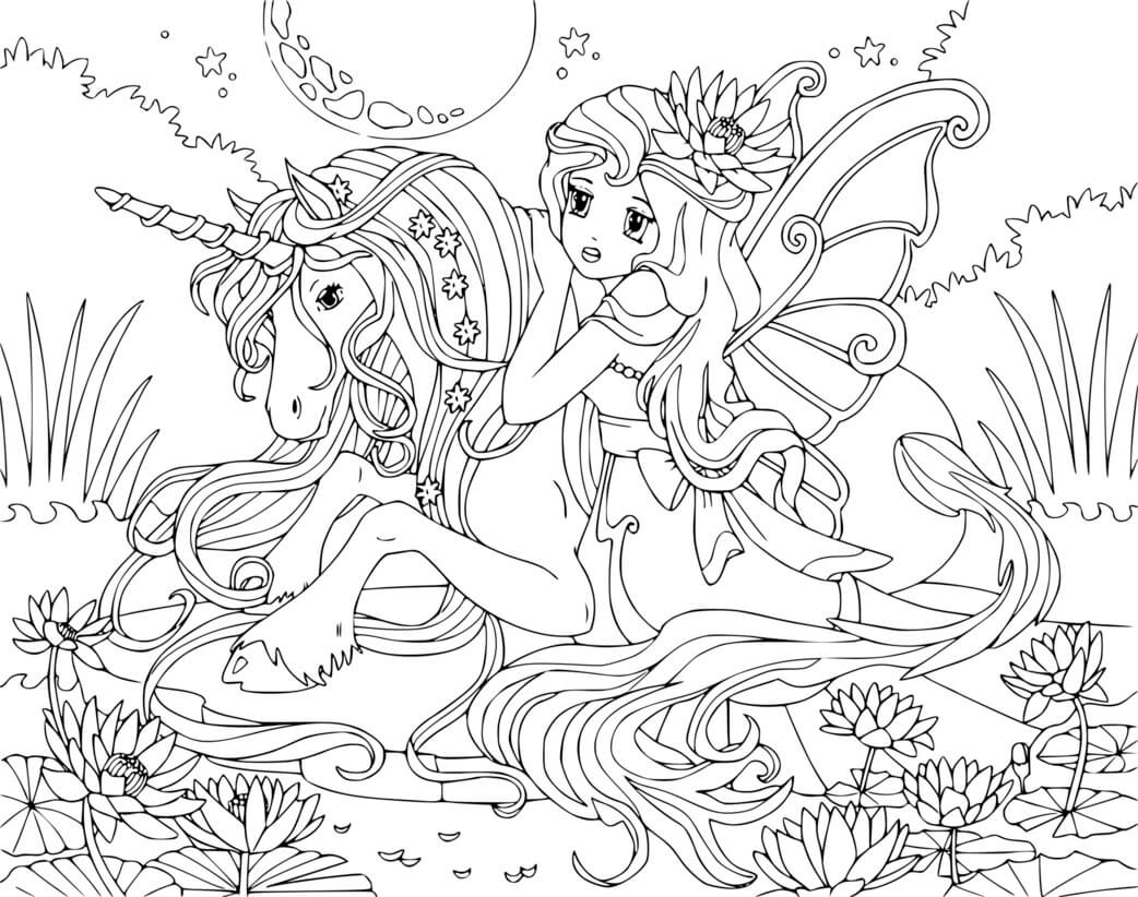 Coloriage Licorne Et Princesse Fée Femme - Princesse licorne à imprimer