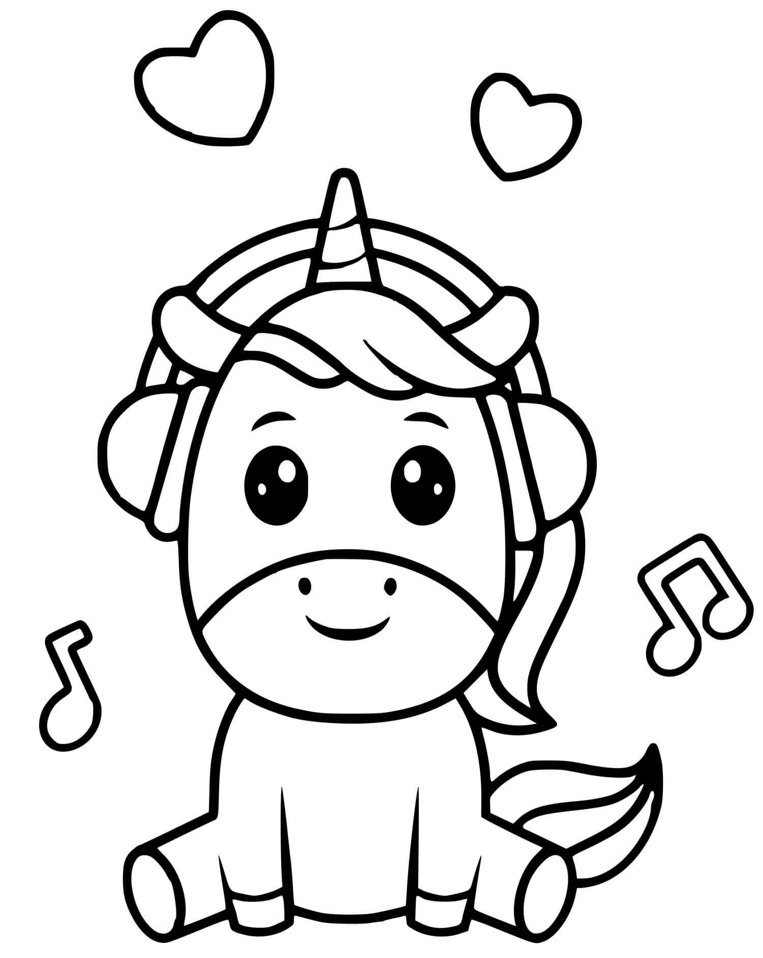 Coloriage Licorne Kawaii Avec Casque De Musique - Licorne kawaii à imprimer