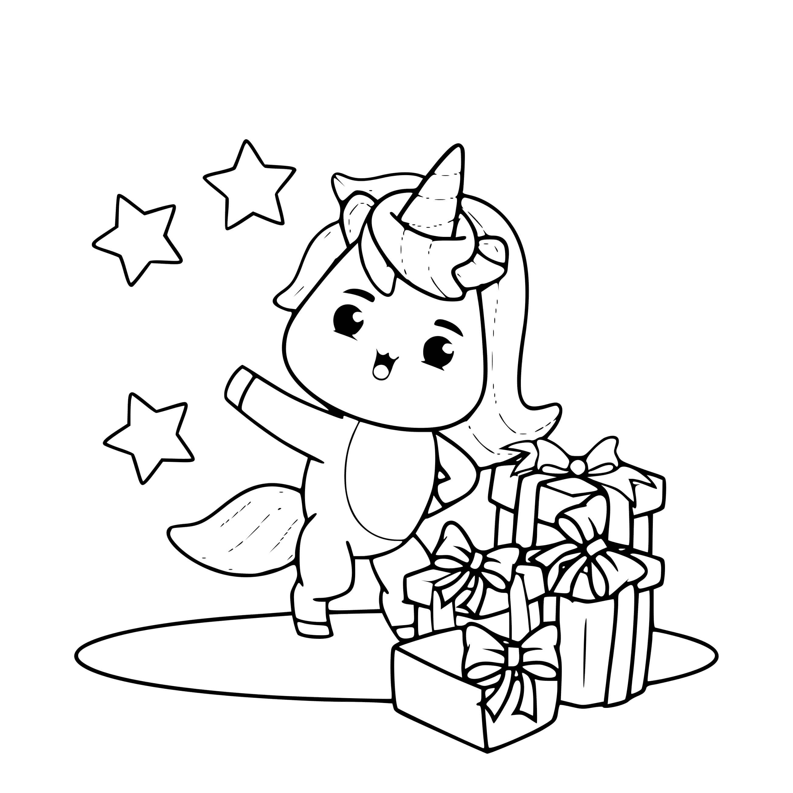 Coloriage Licorne Recoit Des Cadeaux - Licorne à imprimer
