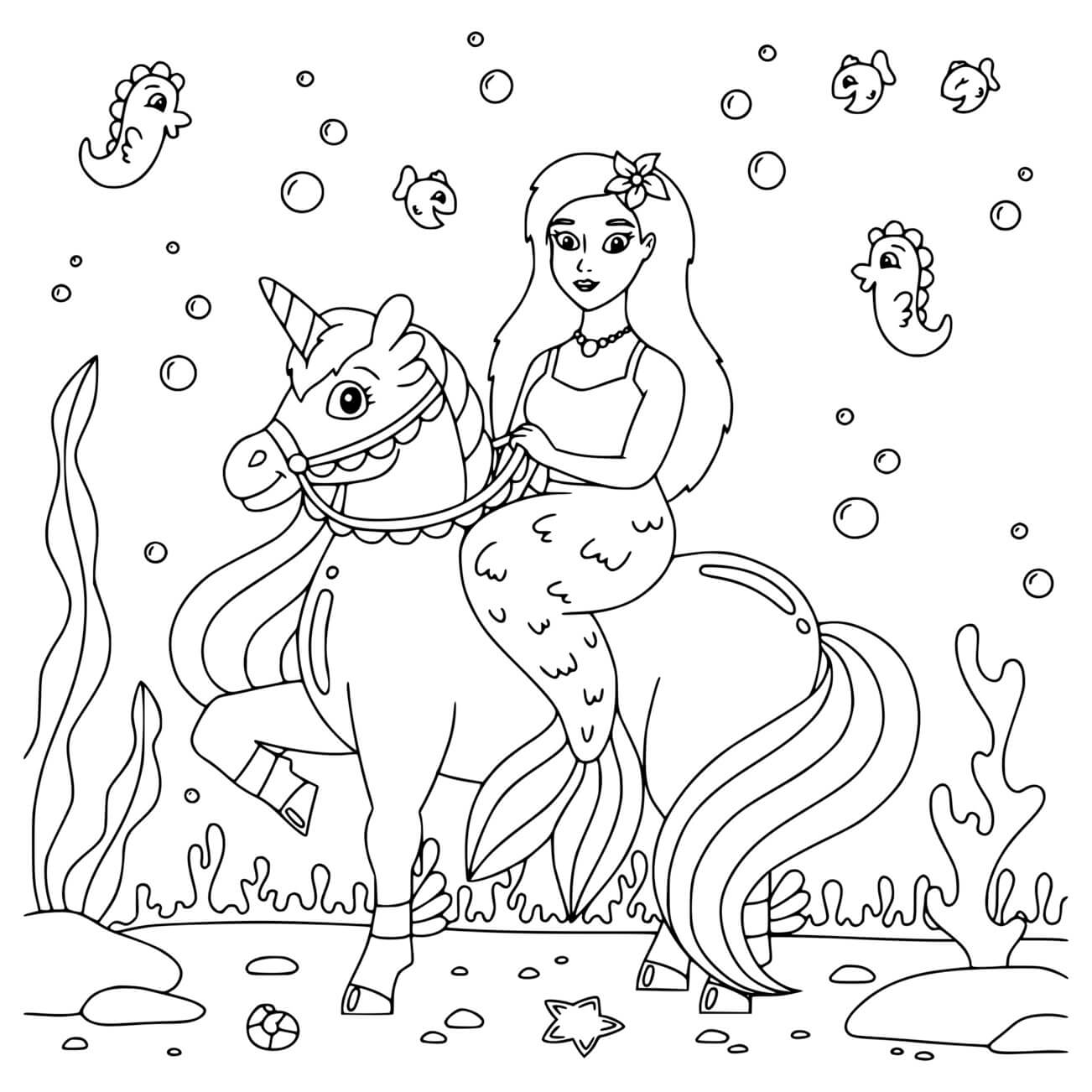 Coloriage Licorne Sirène Monde Marin - Princesse licorne à imprimer