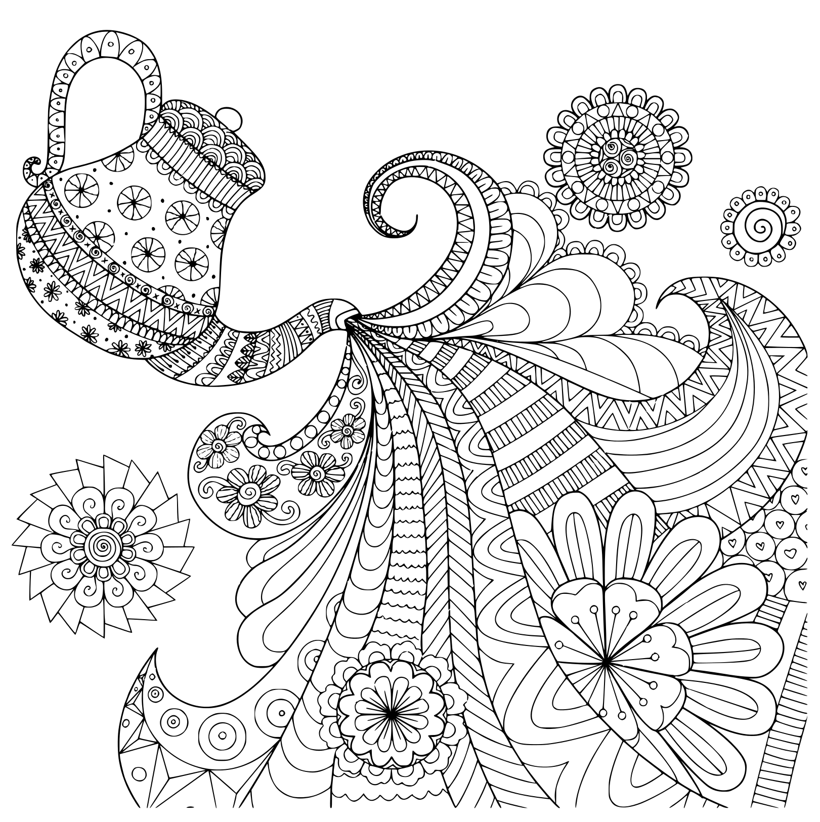 Coloriage Théière versant du thé - Motif linéaire - Adulte à imprimer