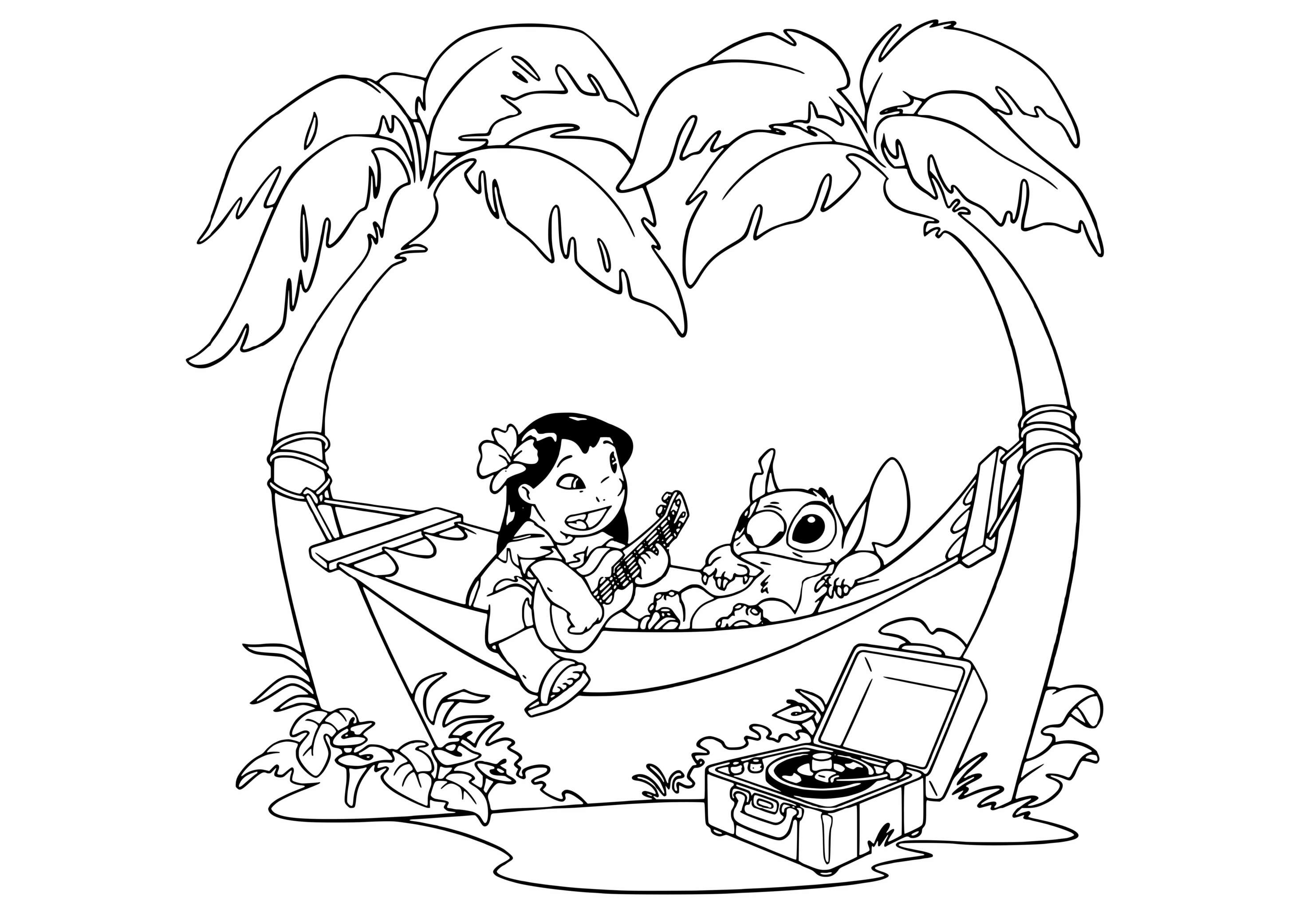 Coloriage Lilo And Stich En Vacances Avec De La Musique - Stitch à imprimer
