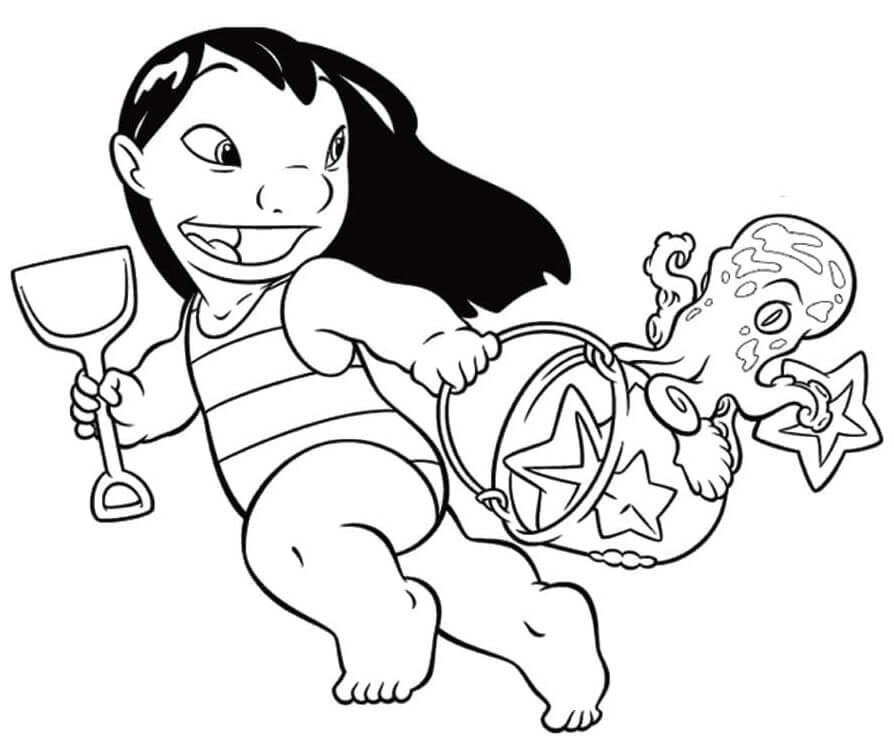 Coloriage Lilo Joue A La Plage Avec Le Sable - Stitch à imprimer