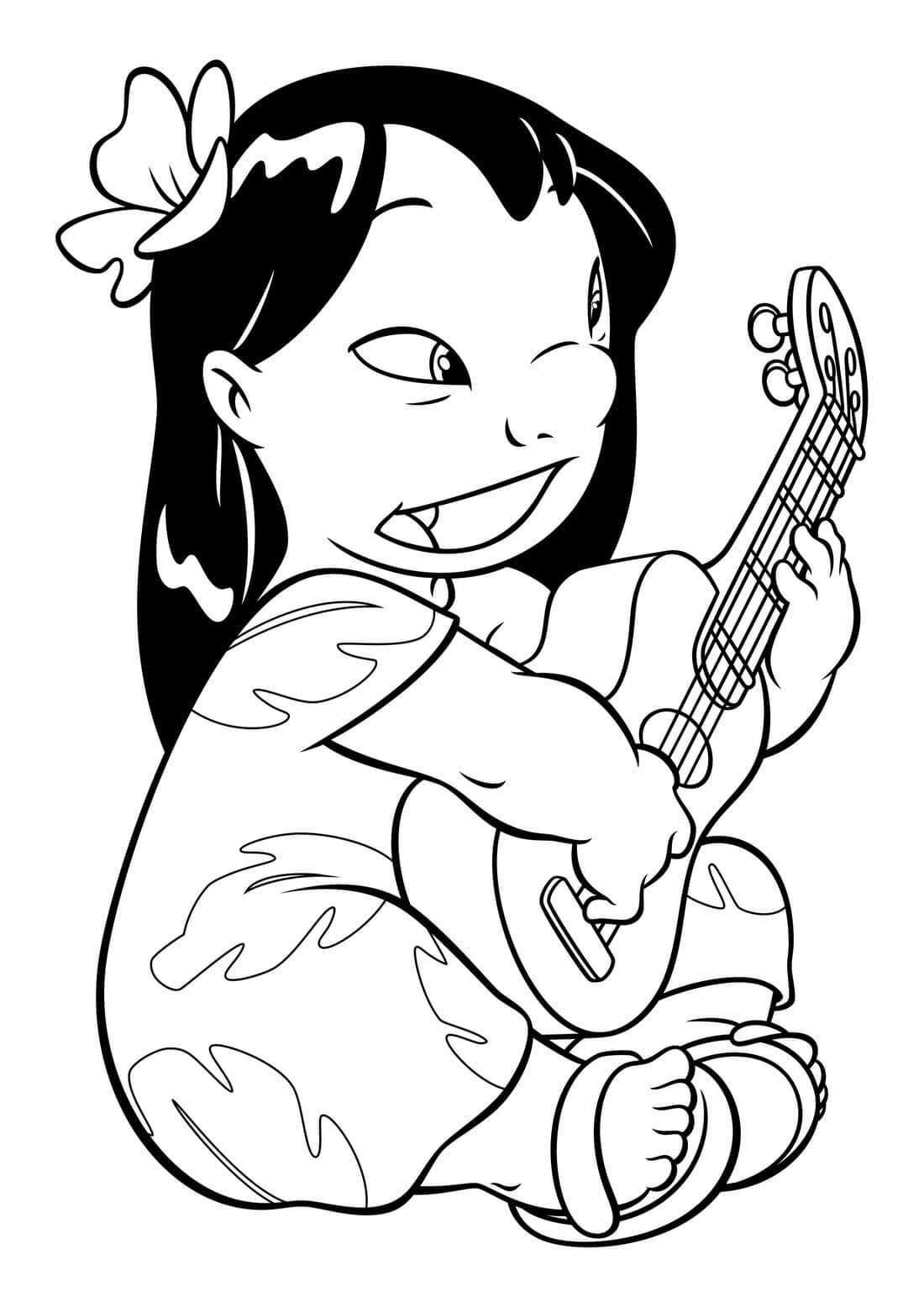 Coloriage Lilo Joue De La Guitare - Stitch à imprimer