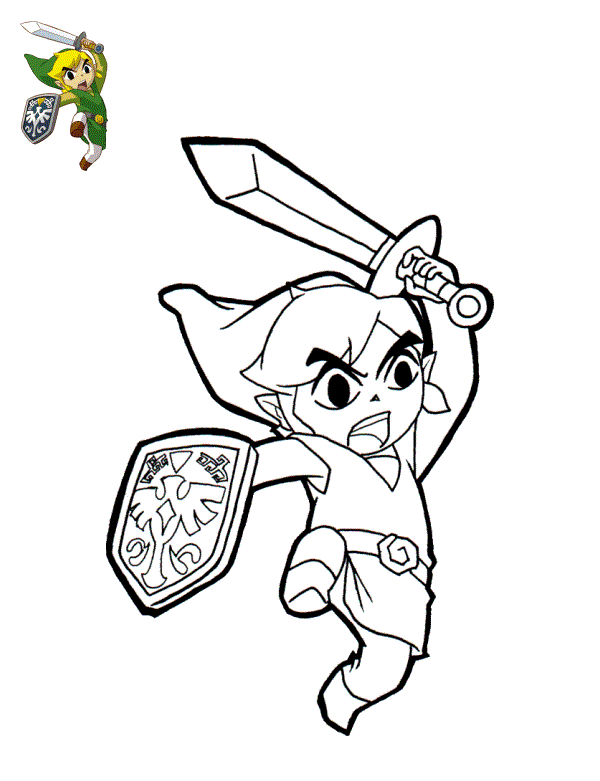 Coloriage Link Prêt A Attaquer Avec Son Épée De Légende Et Bouclier - Zelda à imprimer