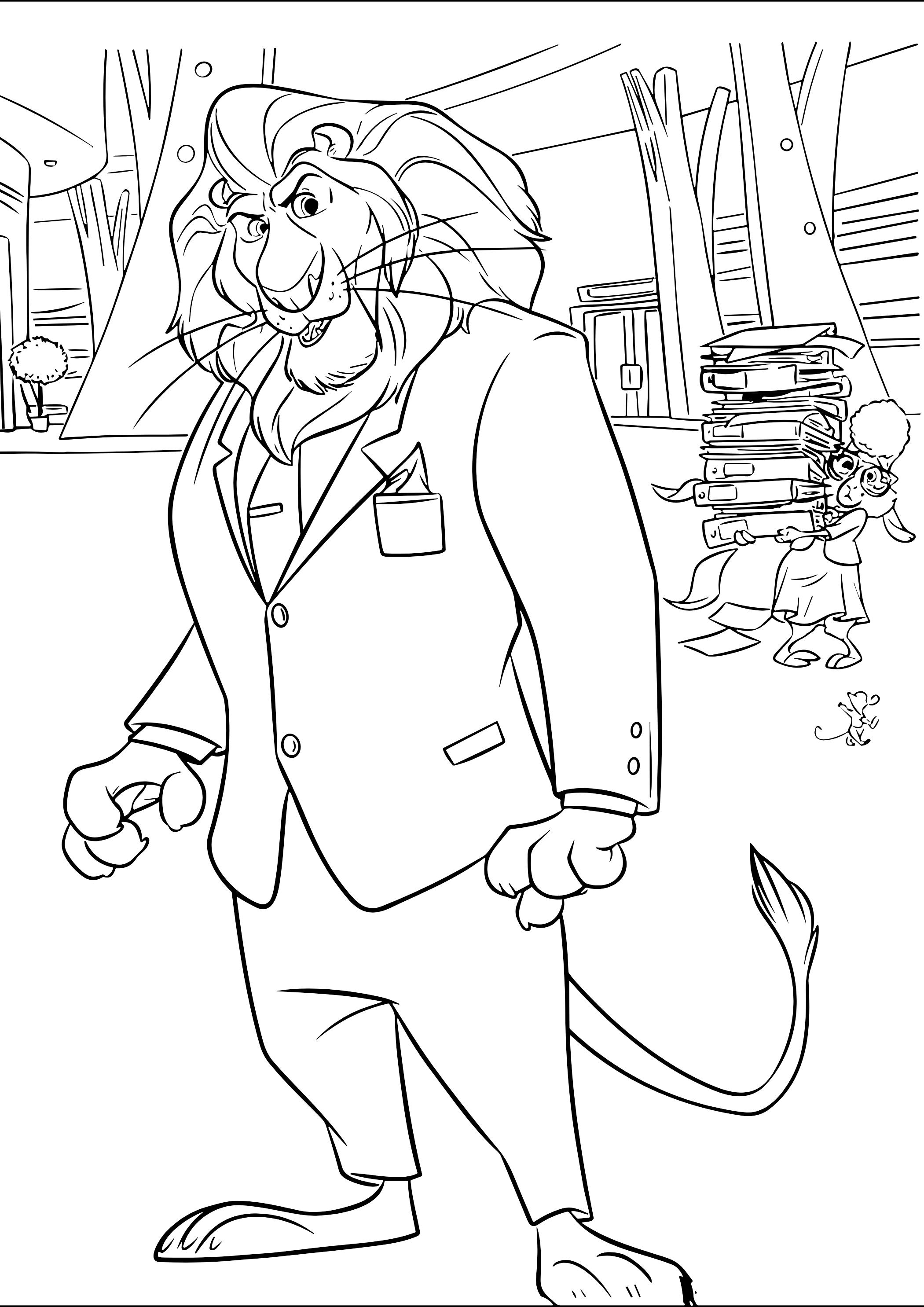 Coloriage Lion En Costume Et Éléphant Avec Livres - Zootopie à imprimer