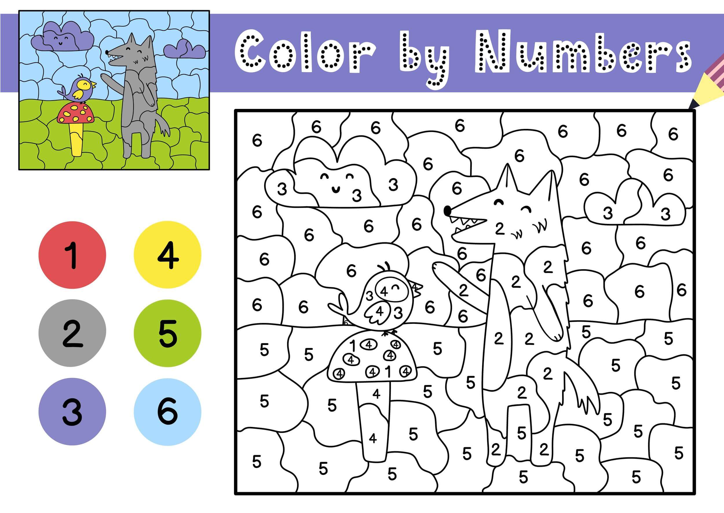 Coloriage Loup Avec Un Oiseau Sur Un Champignon Magique Cp Par Numéro - Magique cp à imprimer