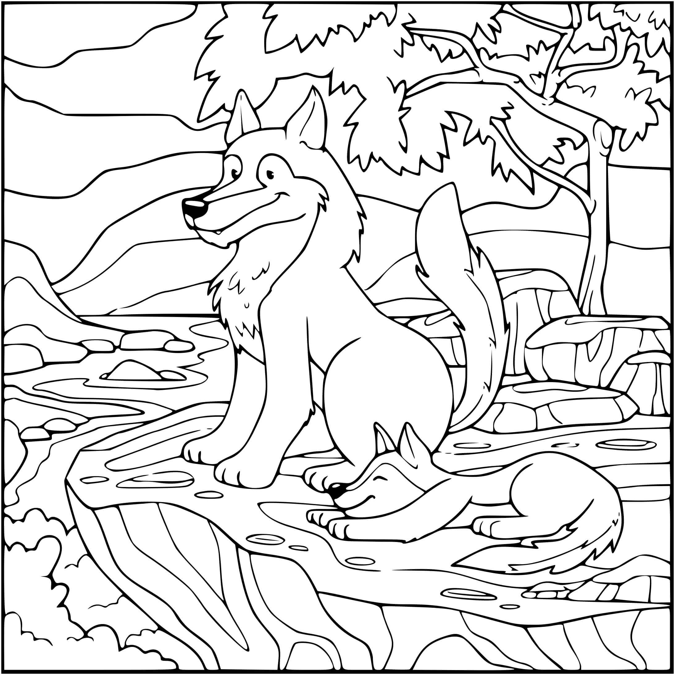 Coloriage Loup Et Son Bébé Loup Dans La Forêt - Loup à imprimer
