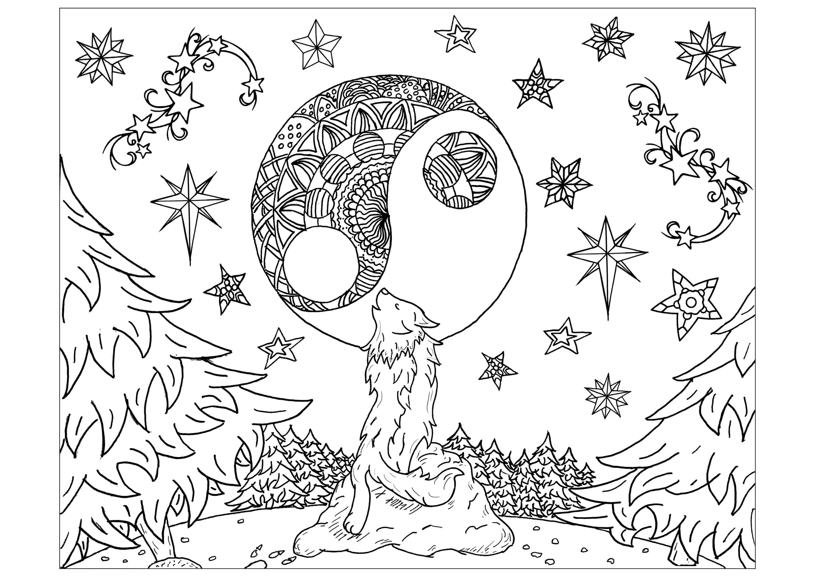 Coloriage Loup Mandala Adulte Lune Et Forêt - Loup à imprimer