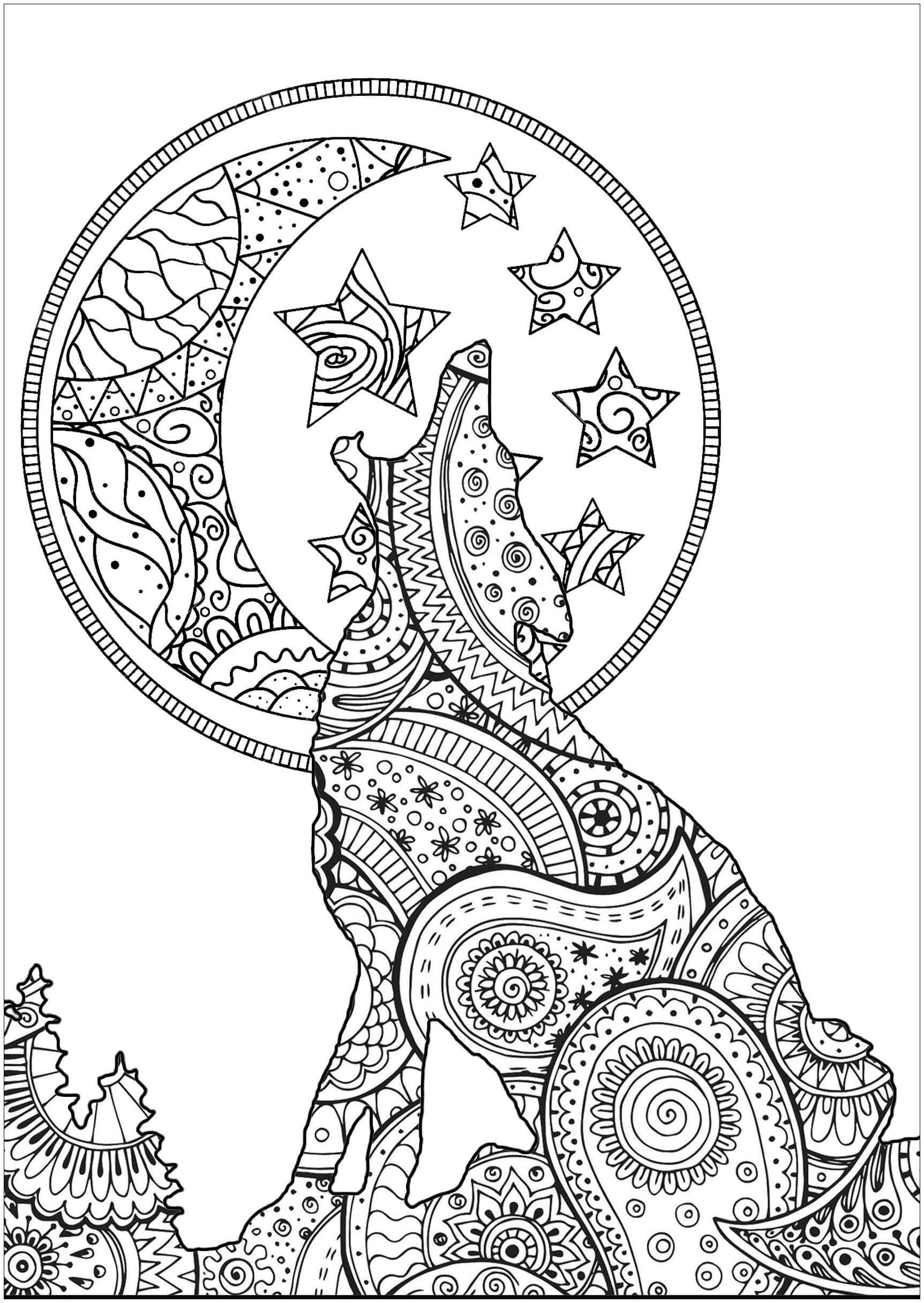 Coloriage Loup Mandala Zentangle Lune - Loup à imprimer