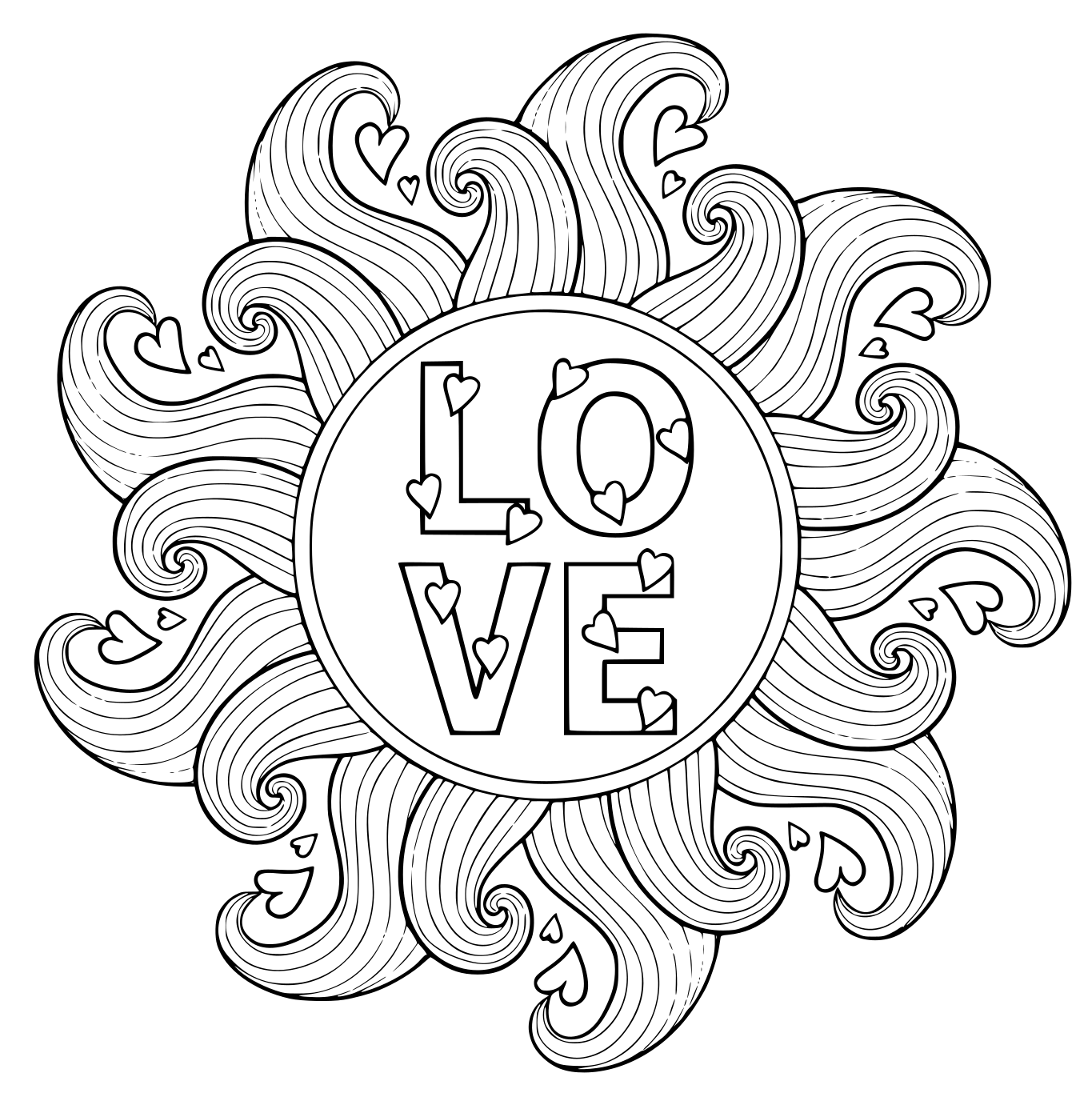 Coloriage Love Mandala Cœur Vagues - Mandala à imprimer