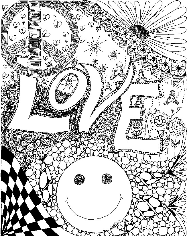Coloriage Love Peace Smile Amour Adulte - Saint-Valentin à imprimer