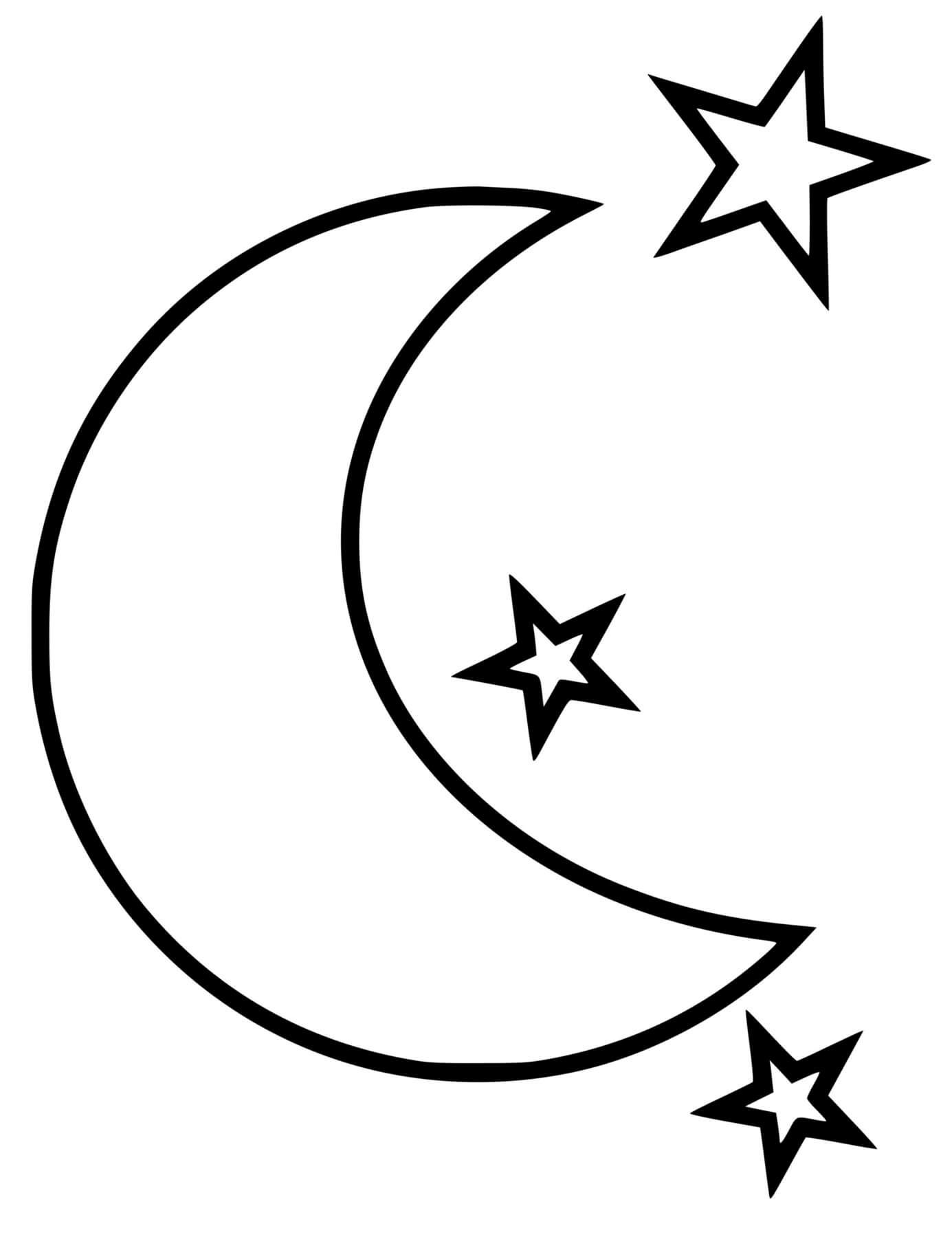 Coloriage Lune Avec Trois Étoiles - Lune à imprimer