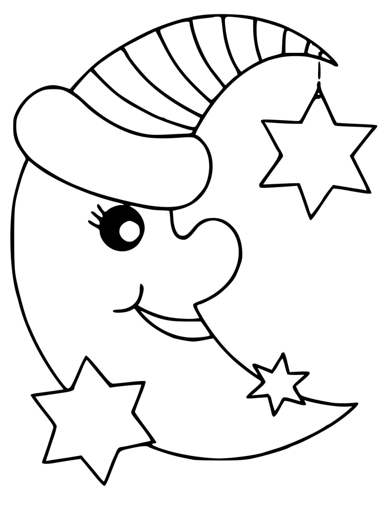 Coloriage Lune Étoiles Prêt Pour Le Sommeil - Lune à imprimer