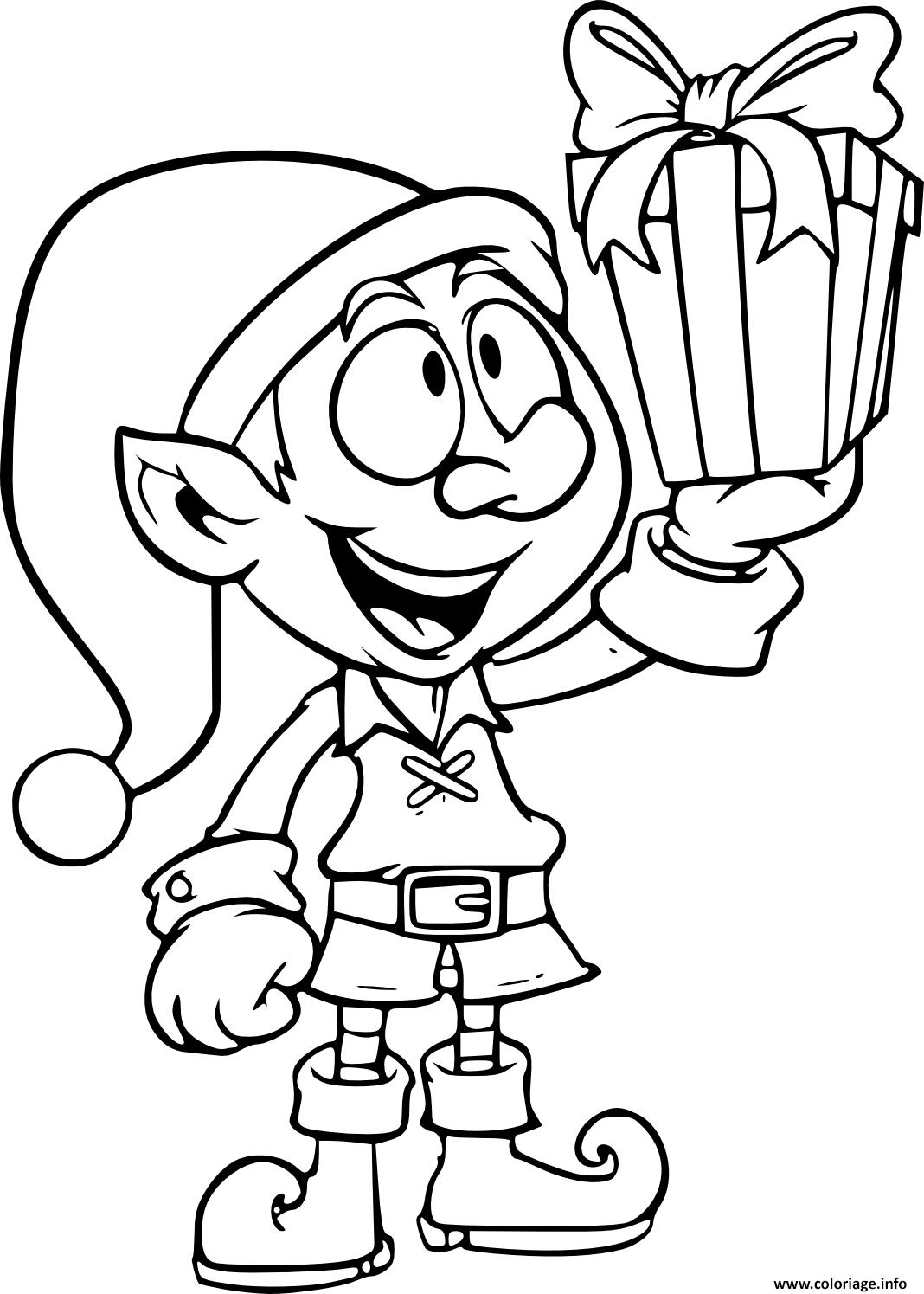 Coloriage Lutin Avec Un Cadeau De Noël - Lutin de Noël à imprimer