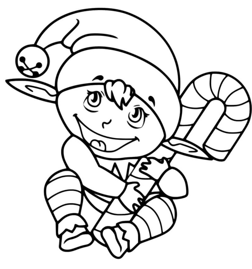 Coloriage Lutin Elf Avec Une Canne De Noël - Lutin de Noël à imprimer
