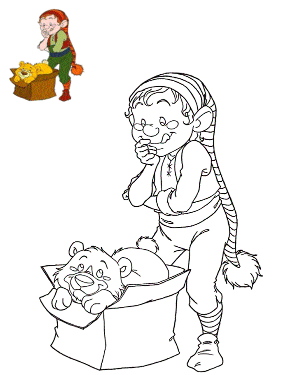 Coloriage Lutin Emballe Un Cadeau Nounours Dans Une Boite - Lutin de Noël à imprimer